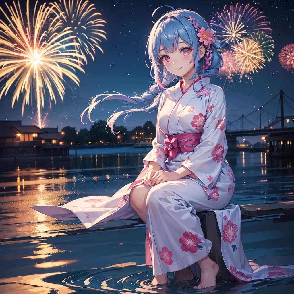 (Sky Blue Medium Hair:1.2), (Braided Hair),(Pink Eyes),Fair skin ,(whole body),(1 girl)、Floral Yukata、summer night、Extra-large fireworks filling the night sky、Huge fireworks launched from the sea、Watching the fireworks while sitting next to each other、smile、Straight bangs,(masterpiece, Highest quality, Very detailed, Best Shadow), (Detailed Background), (Beautifully detailed face), High Contrast, (Best lighting, Very delicate and beautiful), ((Cinematic Light)), colorful, Hyper Detail 8k, Dramatic Light, Intricate details,Fireworks reflected on the water surface、