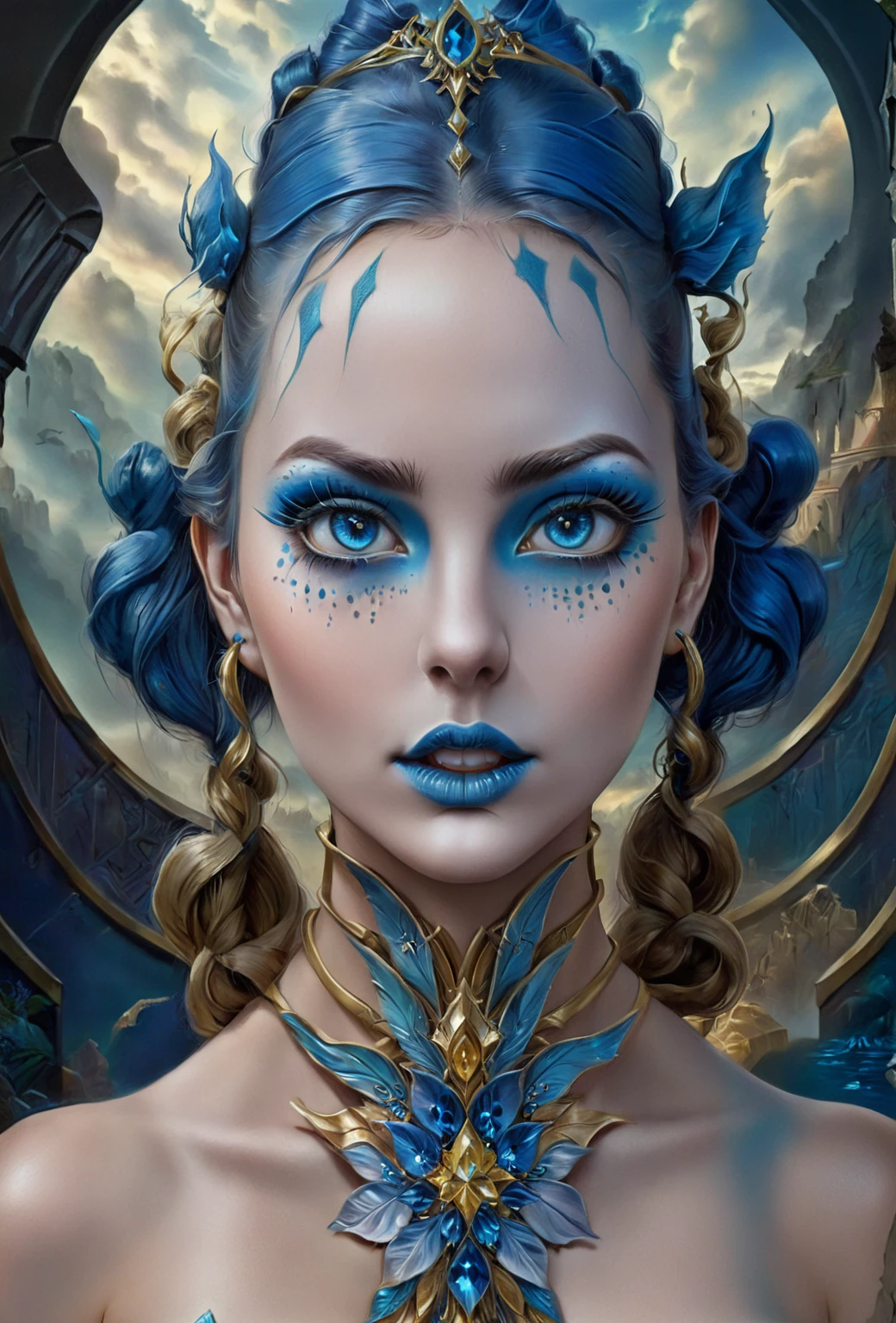 a closeup of a woman with blue makeup and a blue dress, detailed fantasy digital art, Digital fantasy art ), detailed matte fantasy portrait, beautiful fantasy art portrait, fantasy art behavior, fantasy art portrait, gorgeous digital art, beautiful fantasy portrait, fantasy portrait, Highly detailed 4k digital art, digital art fantasy art, fantasy portrait art, karol behind uhd