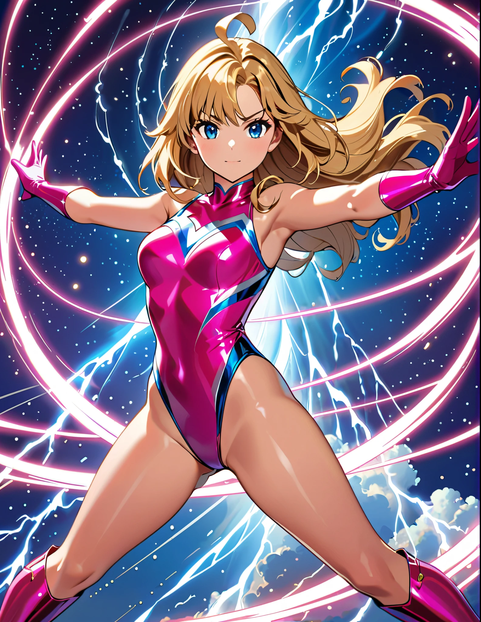 (masterpiece), (best quality), (high res), 1girl, solo, solo focus, superhero, gymnast leotard, bare legs, matching boots, sleeveless, looking at viewer, perfect hands, perfect eyes, perfect leotard, perfect legs, perfect arms, perfect fingers, medium breasts, pink leotard, (blonde hair), long hair, knee boots, blue eyes, heart cutout, cute face, hair down, bangs, ahoge, sleeveless, pink gloves, pink footwear, cleavage cutout, serious, full body with costume, cowboy shot, space backdrop. (T-pose, legs together). (spins fast in place like a tornado, whirls fast in place like a tornado, tornado whirling, spiral lines around her, spinning energy pulse around her, storm winds around her, whirls into a tornado, (she whirls) in (super speeds)). full body costume design. curved sword slash. she super-spins. time travel, time warp.