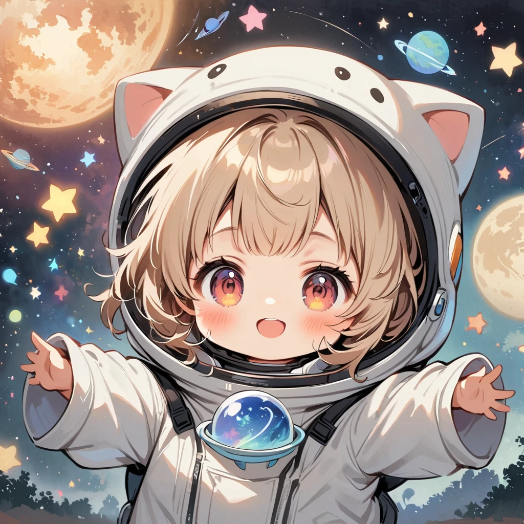 Girl in spacesuit floating in space, surrounded by the Milky Way, the universe posing cutely.  ถือของเล่น