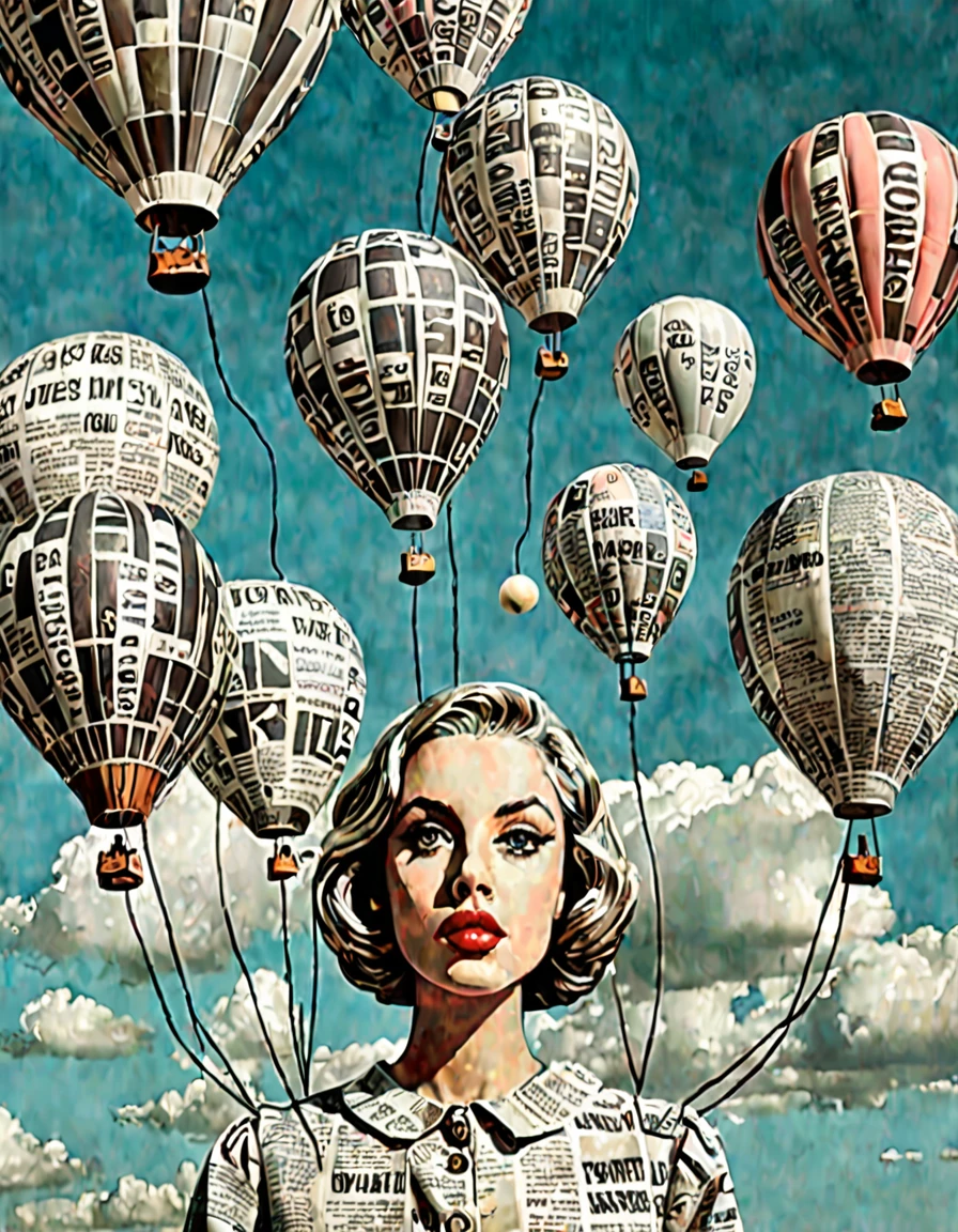 Dreamy sky, Floating balloons made from newspaper clippings, The surreal landscape below, Retro-futuristic aesthetic, (Surreal facial features:1.3)