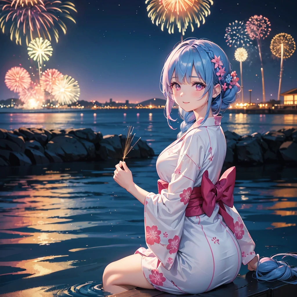 (Sky Blue Medium Hair:1.2), (Braided Hair),(Pink Eyes),Fair skin ,(whole body),(1 girl)、Floral Yukata、summer night、Extra-large fireworks filling the night sky、Huge fireworks launched from the sea、Watching the fireworks while sitting next to each other、smile、Straight bangs,(masterpiece, Highest quality, Very detailed, Best Shadow), (Detailed Background), (Beautifully detailed face), High Contrast, (Best lighting, Very delicate and beautiful), ((Cinematic Light)), colorful, Hyper Detail 8k, Dramatic Light, Intricate details,Fireworks reflected on the water surface、