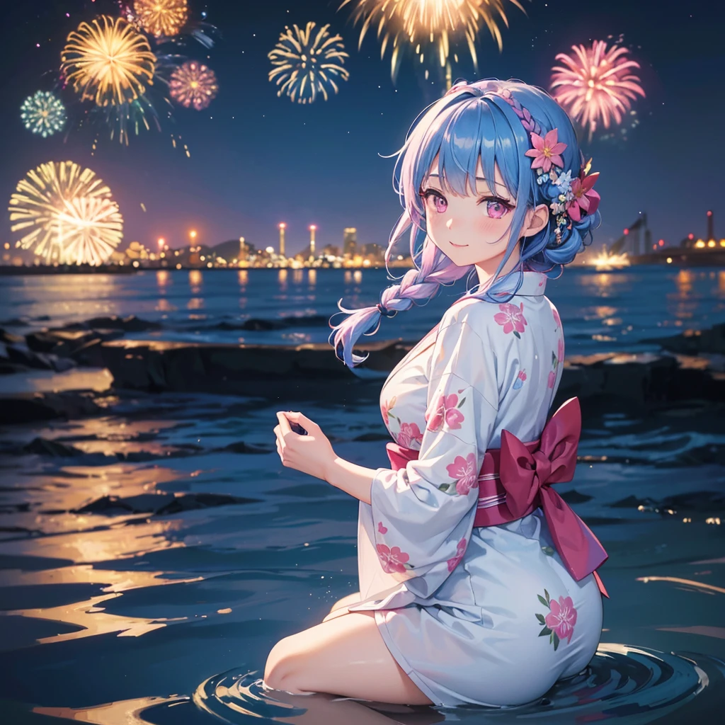 (Sky Blue Medium Hair:1.2), (Braided Hair),(Pink Eyes),Fair skin ,(whole body),(1 girl)、Floral Yukata、summer night、Extra-large fireworks filling the night sky、Huge fireworks launched from the sea、Watching the fireworks while sitting next to each other、smile、Straight bangs,(masterpiece, Highest quality, Very detailed, Best Shadow), (Detailed Background), (Beautifully detailed face), High Contrast, (Best lighting, Very delicate and beautiful), ((Cinematic Light)), colorful, Hyper Detail 8k, Dramatic Light, Intricate details,Fireworks reflected on the water surface、