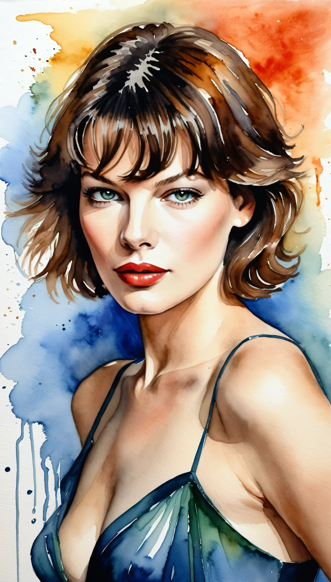 masterpiece,Milla Jovovich acrylic watercolor painting,(Beautiful gradation created by layering),(Tarashikomi technique),A delicate touch