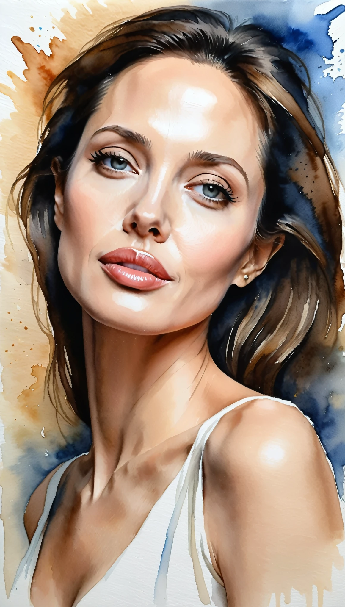 masterpiece,Angelina Jolie acrylic watercolor painting,(Beautiful gradation created by layering),(Tarashikomi technique),A delicate touch