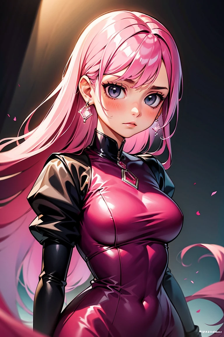 1girl, pink hair, solo, jewelry, earrings, dress, long hair, grey eyes, medium breasts, gloves, closed mouth, upper body