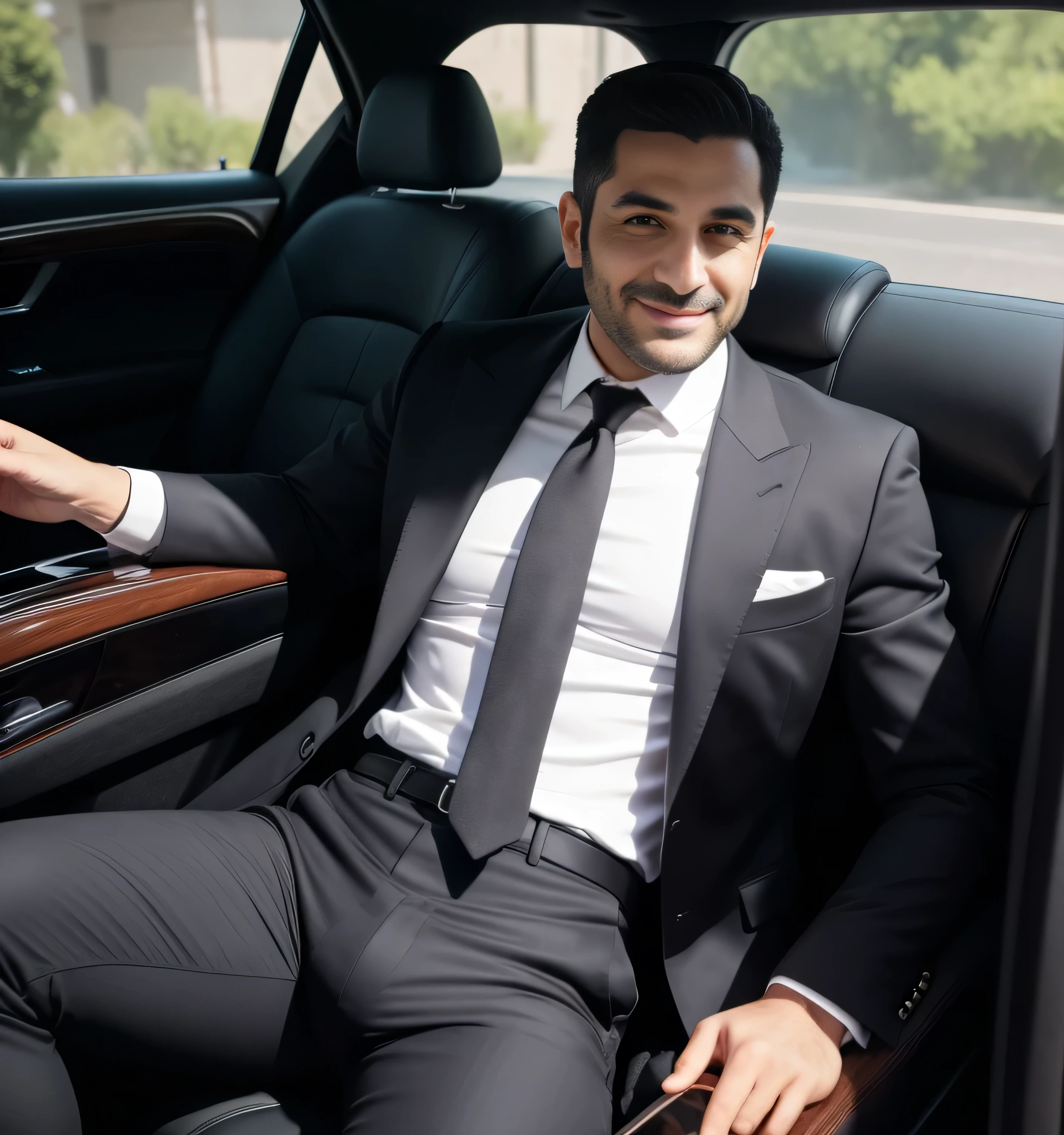 40 years old,One Man,Black Suit,mafia,Inside the car,Legs wide open,The crotch area of the pants is bulging,logic,Gay ,Very short、Very Very Short Hair、Stubble,Iranian face。Hermes Belt、Smile a little
