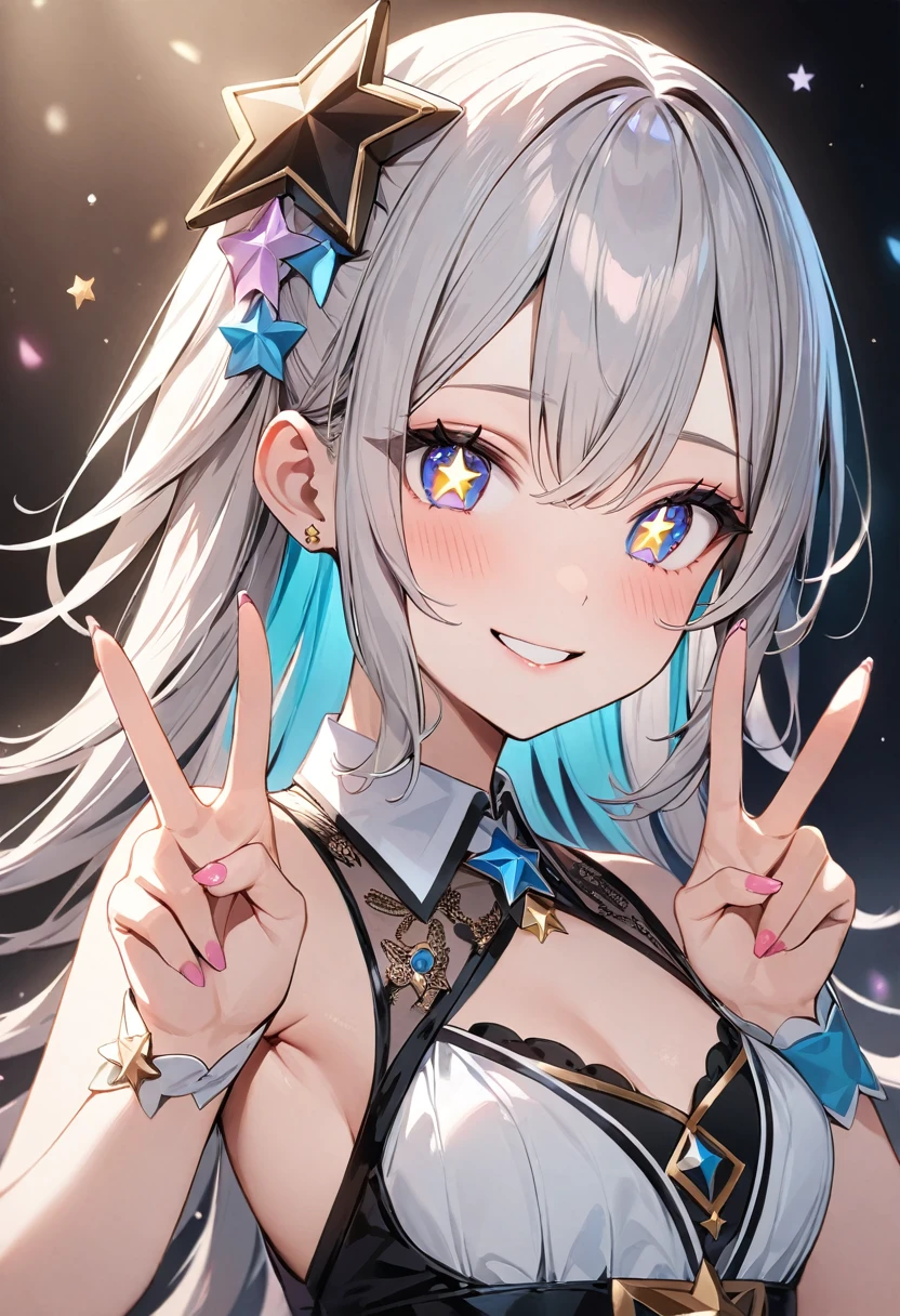 (masterpiece, top quality, very aesthetic, 4k、illustration), intricate detail, 1woman,contrapposto 、,(cowboy shot)、v sign,(star-shaped pupils),Cute 、Open mouth happy smile、Random Hairstyle、Random Hair Color、,middle hair,sidelock ,Random Color eyes、idol clothes、small breasts、Slim 、