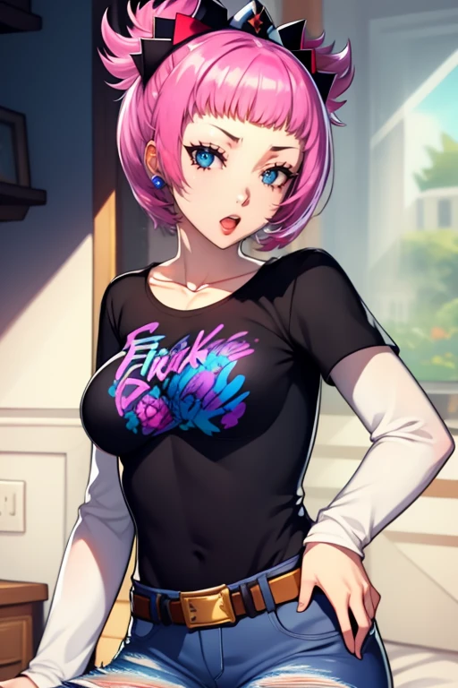 Hortensia, Hortensia \(Fire Emblem\), pink hair ,glossy lips, earrings ,1girl, solo, black t-shirt, white shirt, blue jeans, belt, lipstick, large breasts
