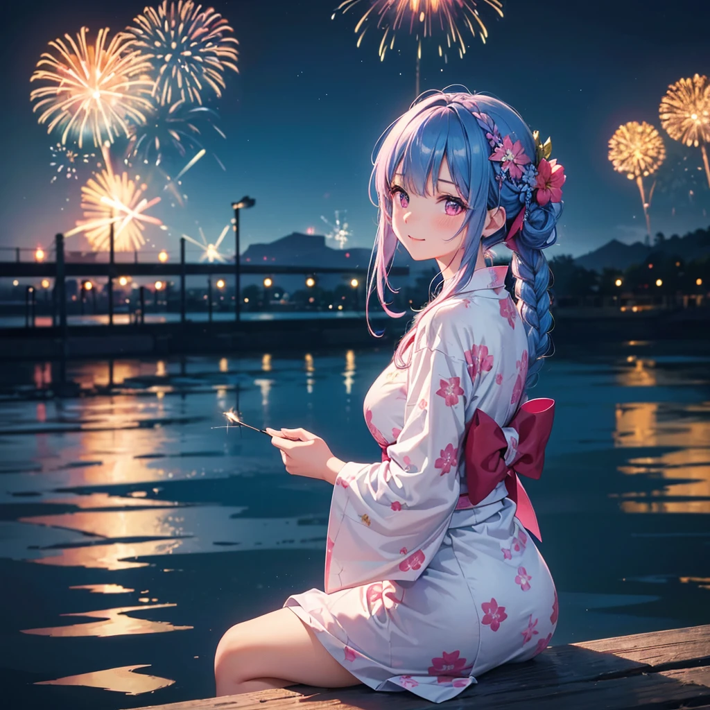 (Sky Blue Medium Hair:1.2), (Braided Hair),(Pink Eyes),Fair skin ,(whole body),(1 girl)、Floral Yukata、summer night、Extra-large fireworks filling the night sky、Huge fireworks launched from the sea、Watching the fireworks while sitting next to each other、smile、Beautiful woman looking back、Straight bangs,(masterpiece, Highest quality, Very detailed, Best Shadow), (Detailed Background), (Beautifully detailed face), High Contrast, (Best lighting, Very delicate and beautiful), ((Cinematic Light)), colorful, Hyper Detail 8k, Dramatic Light, Intricate details,Fireworks reflected on the water surface、
