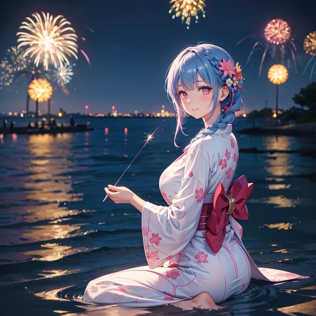 (Sky Blue Medium Hair:1.2), (Braided Hair),(Pink Eyes),Fair skin ,(whole body),(1 girl)、Floral Yukata、summer night、Extra-large fireworks filling the night sky、Huge fireworks launched from the sea、Watching the fireworks while sitting next to each other、smile、Beautiful woman looking back、Straight bangs,(masterpiece, Highest quality, Very detailed, Best Shadow), (Detailed Background), (Beautifully detailed face), High Contrast, (Best lighting, Very delicate and beautiful), ((Cinematic Light)), colorful, Hyper Detail 8k, Dramatic Light, Intricate details,Fireworks reflected on the water surface、