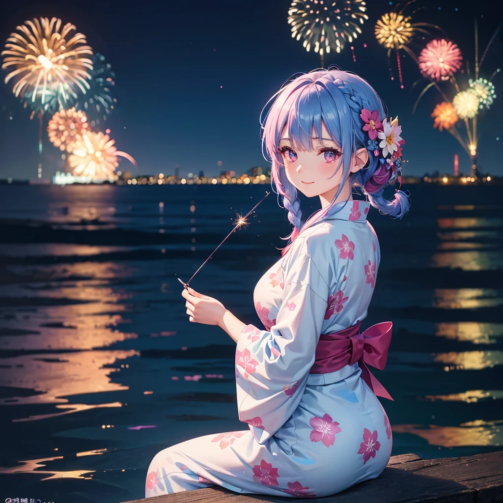(Sky Blue Medium Hair:1.2), (Braided Hair),(Pink Eyes),Fair skin ,(whole body),(1 girl)、Floral Yukata、summer night、Extra-large fireworks filling the night sky、Huge fireworks launched from the sea、Watching the fireworks while sitting next to each other、smile、Beautiful woman looking back、Straight bangs,(masterpiece, Highest quality, Very detailed, Best Shadow), (Detailed Background), (Beautifully detailed face), High Contrast, (Best lighting, Very delicate and beautiful), ((Cinematic Light)), colorful, Hyper Detail 8k, Dramatic Light, Intricate details,Fireworks reflected on the water surface、