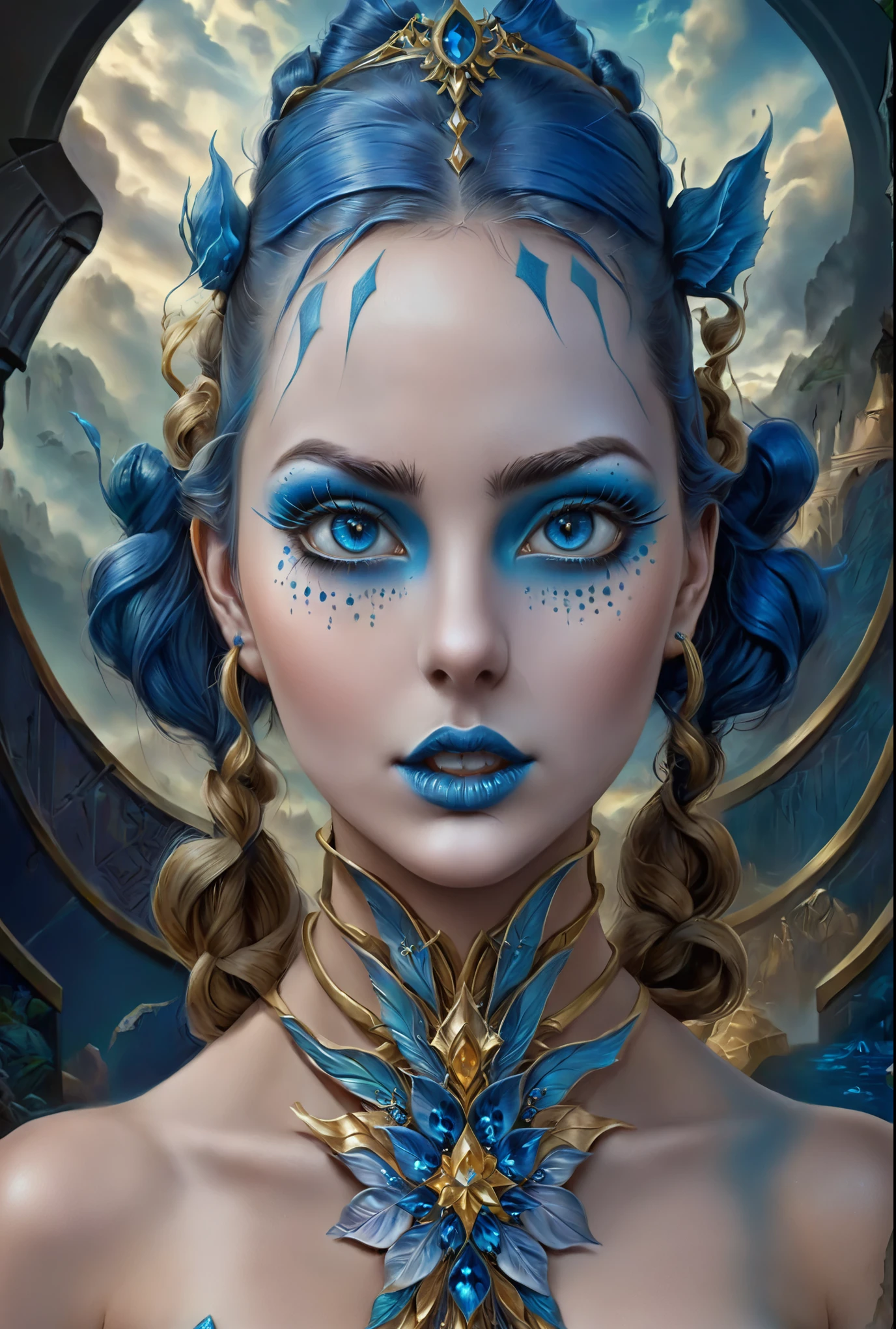 a closeup of a woman with blue makeup and a blue dress, detailed fantasy digital art, Digital fantasy art ), detailed matte fantasy portrait, beautiful fantasy art portrait, fantasy art behavior, fantasy art portrait, gorgeous digital art, beautiful fantasy portrait, fantasy portrait, Highly detailed 4k digital art, digital art fantasy art, fantasy portrait art, karol behind uhd