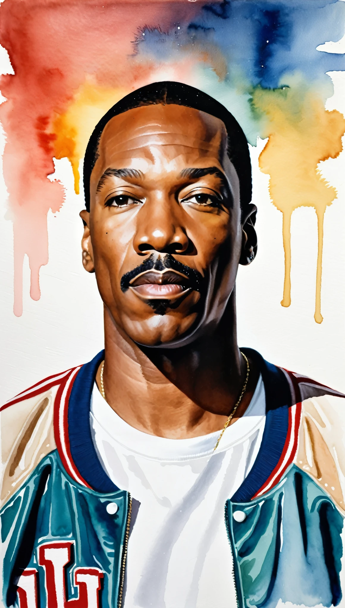 masterpiece,Eddie Murphy Acrylic Watercolor Painting,Stadium jumper,Plain white T-shirt,(Beautiful gradation created by layering),(Tarashikomi technique),A delicate touch