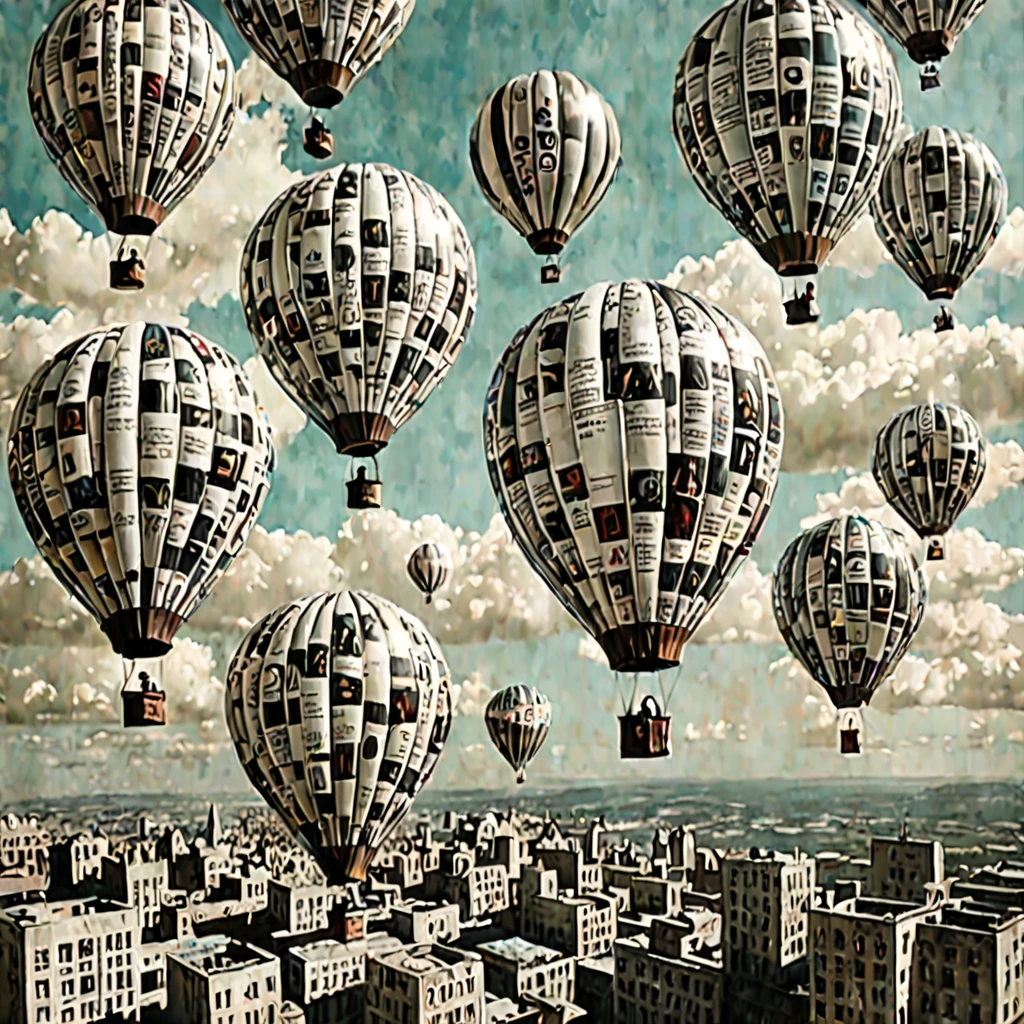 Dreamy sky, Floating balloons made from newspaper clippings, The surreal landscape below, Retro-futuristic aesthetic, (Surreal facial features:1.3)