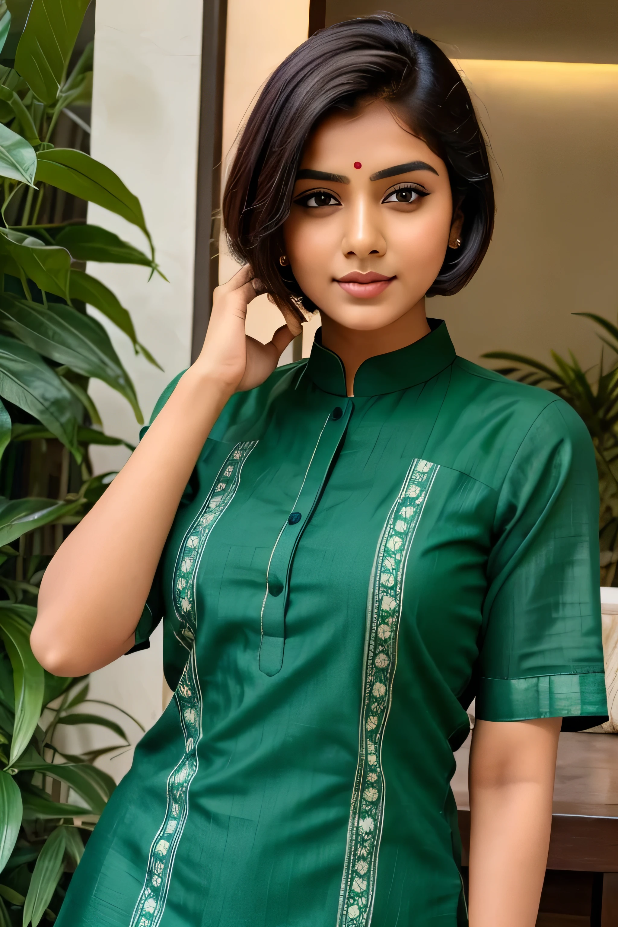 Indian girl with short hairs wearing green kurti