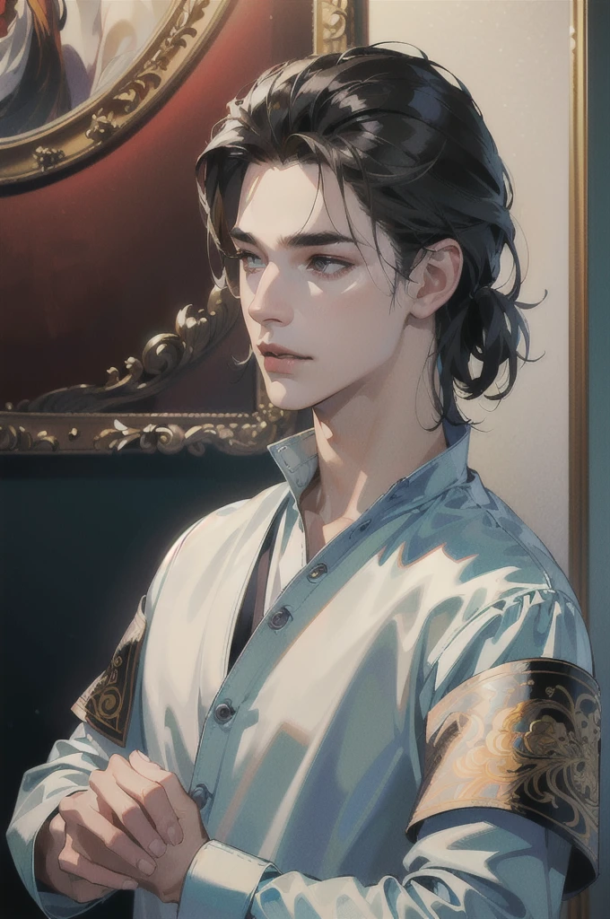 ((Best quality)), ((masterpiece)), (detailed), ((perfect face)), ((halfbody)) handsome face, male, boy, perfect proportions , a character from anime ashita no nadja, phantom thief outfit, detailed library interior scenery background