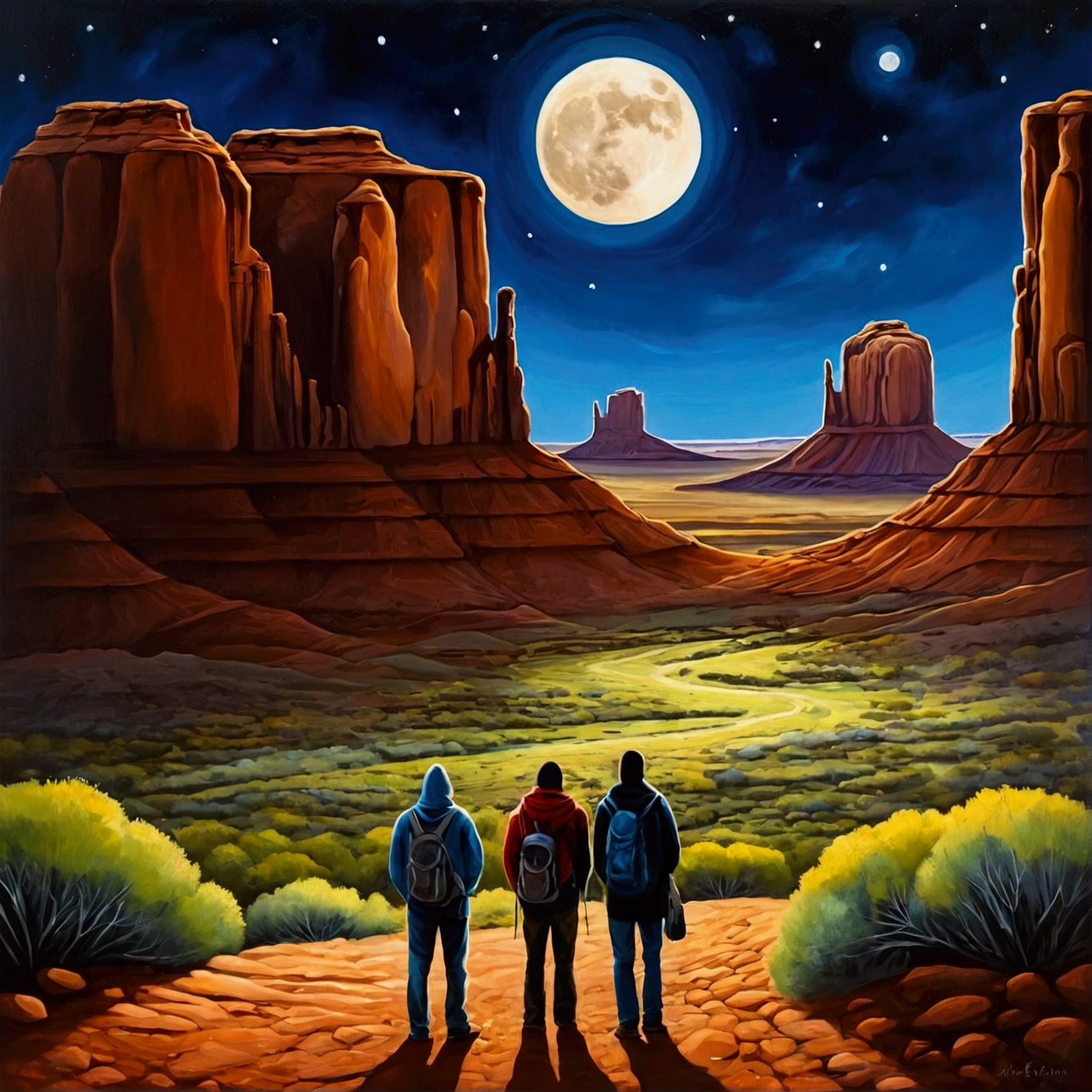 Landscape painting、Moon Night、The moon looks small、wilderness、Rocky Mountain、desolate、dark、Monument Valley、journey、Four Travelers、Back view、