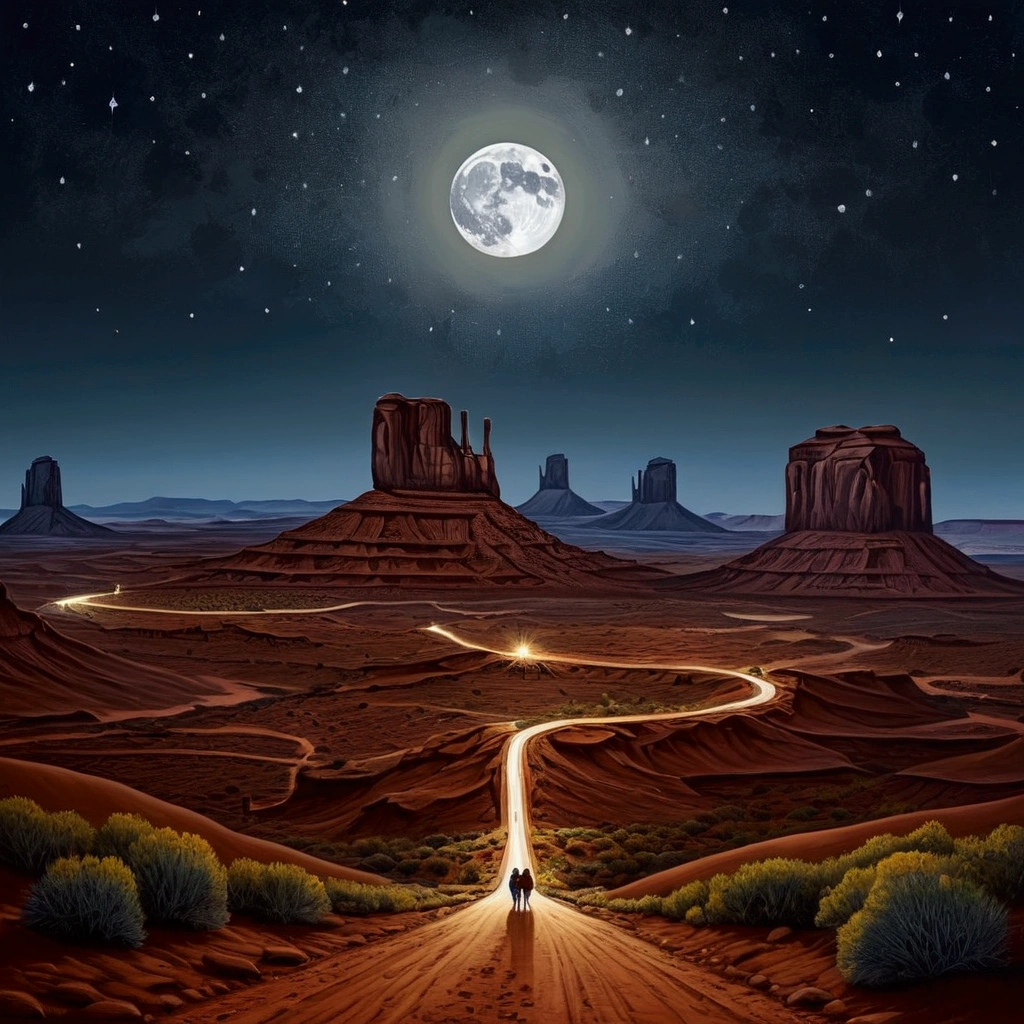 Landscape painting、Moon Night、The moon looks small、wilderness、Rocky Mountain、desolate、dark、Monument Valley、journey、Four Travelers、Back view、