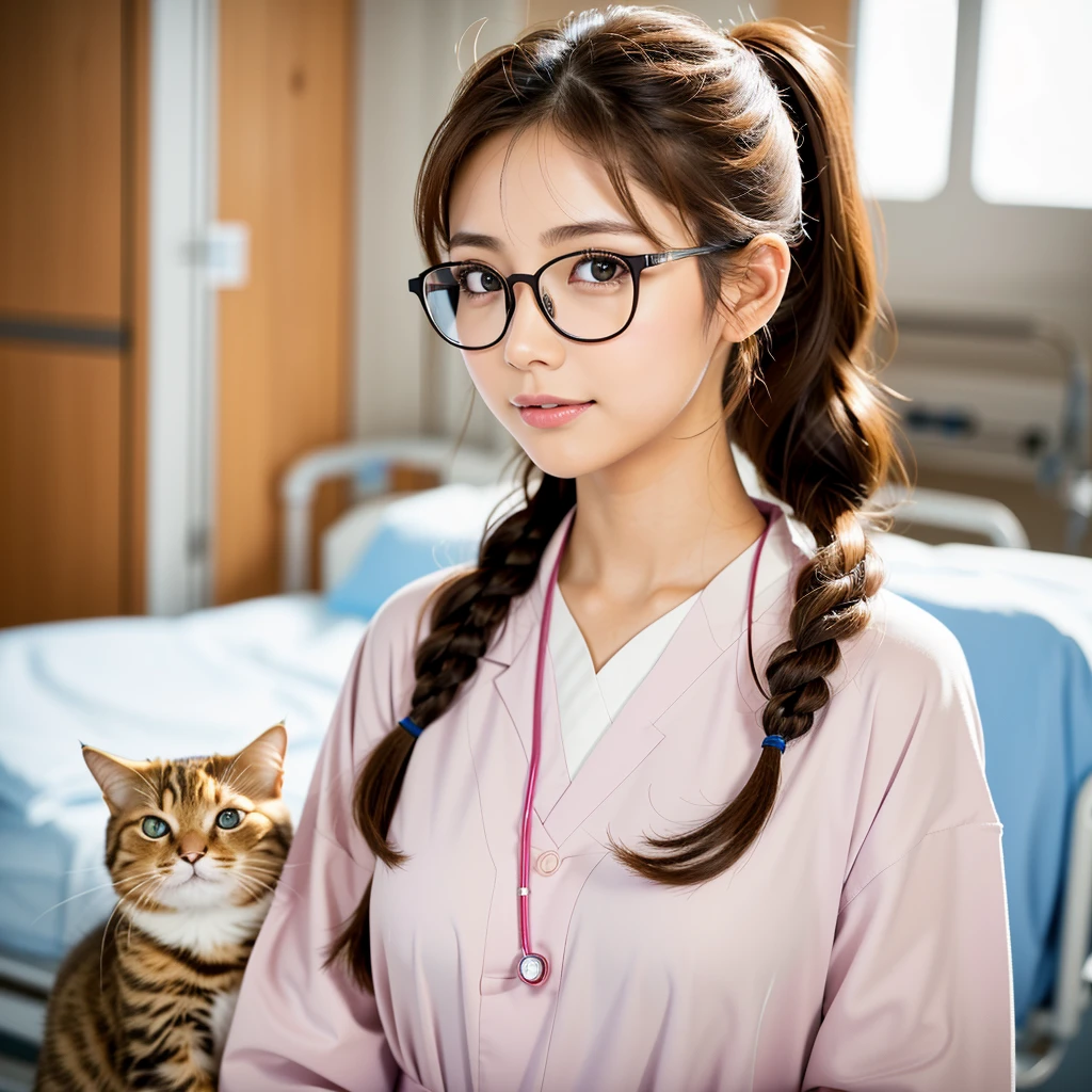 (smile), Raw photo, (((Ultimate beauty portrait)), (((ツヤGlowing Skin))), (((Cat ear))), (((Glasses))), 20-year-old beautiful Japanese idol、Bright expression、(((Brown Hair))), (((Big eyes like jewels)))、 Glowing Skin、(((doctor))), (((服装はdoctorが着るような白衣、The background is inside the hospital))), ((Medium Hair)), ((Smooth ponytail)), (Standing posture )), (From below)、Eyeliner、Beautiful Skin、((Brown Hair)),((Big jewel-like eyes)),(Standing posture),(From below)、 Eyeliner, Beautiful Bangs, Eyebrow hair, Natural Lip, Upper Body, ((Famous Paintings, Highest quality, 超high resolution)), high resolution, Super fine, Film Light((Famous Paintings, Highest quality, Super fine)), High definition, High resolution, High definition)), Detailed Background, 8 KUHD, SLR, Soft Light, high resolution, Film Grain, fujifilmxt3, Deep writing depth, 自然なSoft Light. The background is clear