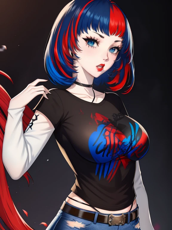 aleardef, blue hair, red hair, multicolored hair, blue eyes, red eyes ,multicolored eyes, ,glossy lips, earings ,1girl, solo, black t-shirt, white shirt, blue jeans, belt, lipstick, large breasts
