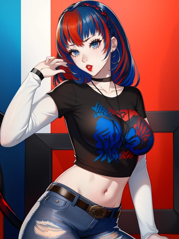 aleardef, blue hair, red hair, multicolored hair, blue eyes, red eyes ,multicolored eyes, ,glossy lips, earings ,1girl, solo, black t-shirt, white shirt, blue jeans, belt, lipstick, large breasts
