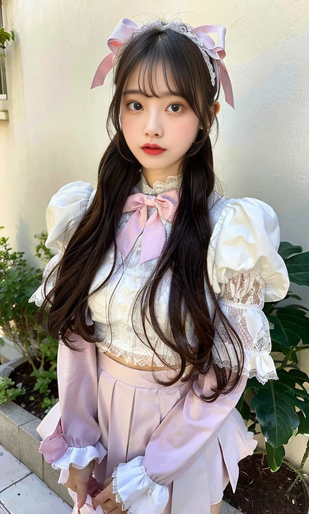 (8k, RAW photo, best quality, masterpiece:1.2), an extremely delicate and beautiful, portrait, beautiful and meticulous girl, extremely detailed eyes and face, beautifully detailed eyes, absurd, unbelievably ridiculous resolution, huge file size, ultra-detailed, KHD, simple background, 20 years idol, very beautiful, cute, half-up hair style , her eyes are large, round, droopy, her costume feature a cute, pastel pink base color, combined with playful and colorful accents like pastel pink, white . The costume should include a short pleated skirt with ruffles, a fitted top with a bow and ruffled sleeves, and matching knee-high socks. The design should incorporate elements such as lace, ribbons