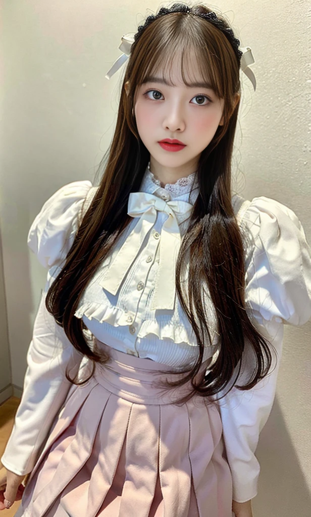 (8k, RAW photo, best quality, masterpiece:1.2), an extremely delicate and beautiful, portrait, beautiful and meticulous girl, extremely detailed eyes and face, beautifully detailed eyes, absurd, unbelievably ridiculous resolution, huge file size, ultra-detailed, KHD, simple background, 20 years idol, very beautiful, cute, half-up hair style , her eyes are large, round, droopy, her costume feature a cute, pastel pink base color, combined with playful and colorful accents like pastel pink, white . The costume should include a short pleated skirt with ruffles, a fitted top with a bow and ruffled sleeves, and matching knee-high socks. The design should incorporate elements such as lace, ribbons