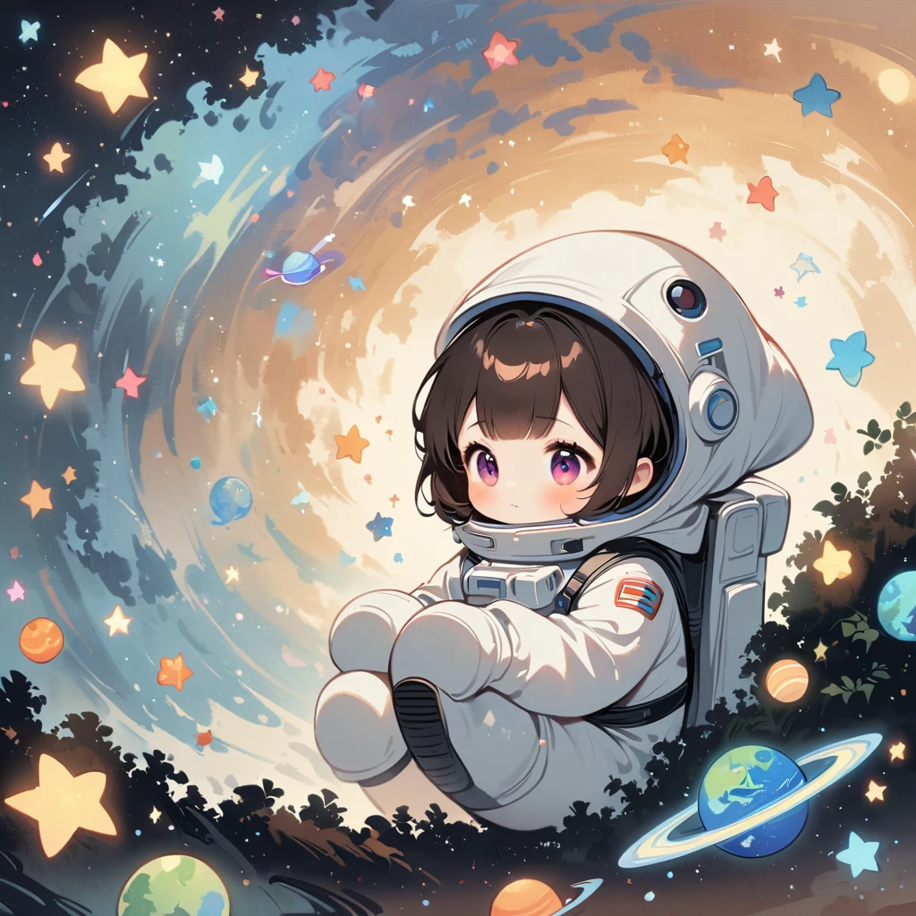 Girl in spacesuit floating in space, surrounded by the Milky Way, the universe , cutely. กินขนม เจอเอเลี่ยน
