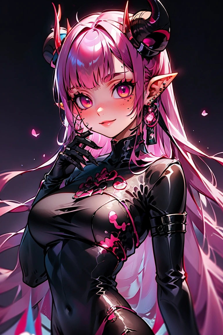 1girl, horns, solo, hoop earrings, jewelry, earrings, looking at viewer, pink hair, pointy ears, pink eyes, multicolored hair, mole under eye, long hair, gloves, mole, black nails, upper body, turtleneck, smile, demon girl, demon horns, blue hair, glowing, nail polish, black gloves
