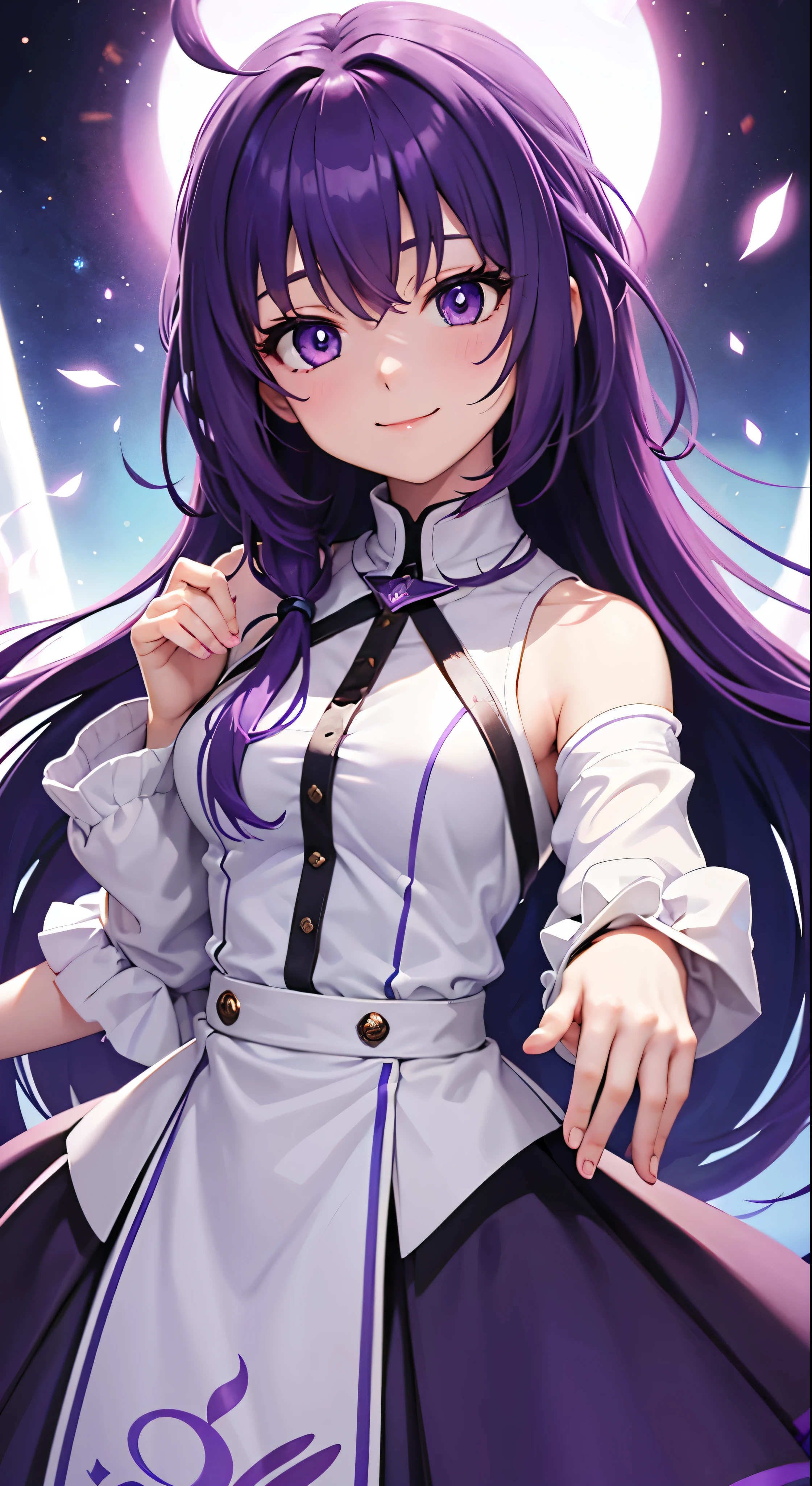 best quality, high quality, a cute girl, solo, beautiful purple hair, beautiful purple eyes, light smile,