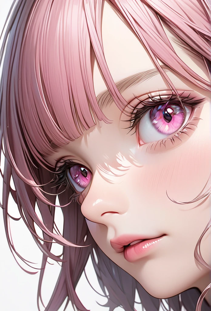 Ultra-realistic solo, bangs, Shortcuts, Cat ear, Pink eyes, ribbon, Simple Background, Close-up, Illustration, 