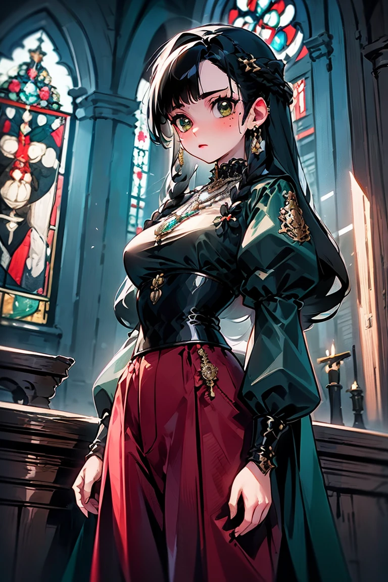 1girl, solo, braid, black hair, standing, cowboy shot, long sleeves, breasts, green eyes, looking at viewer, twin braids, long hair, corset, puffy sleeves, pants, closed mouth, juliet sleeves, black pants, hair over shoulder, red shirt, shirt, indoors, cross-laced clothes, mole, mole under eye, large breasts, jewelry, necklace, sunlight, church, parted bangs, medium breasts, puffy long sleeves, window
