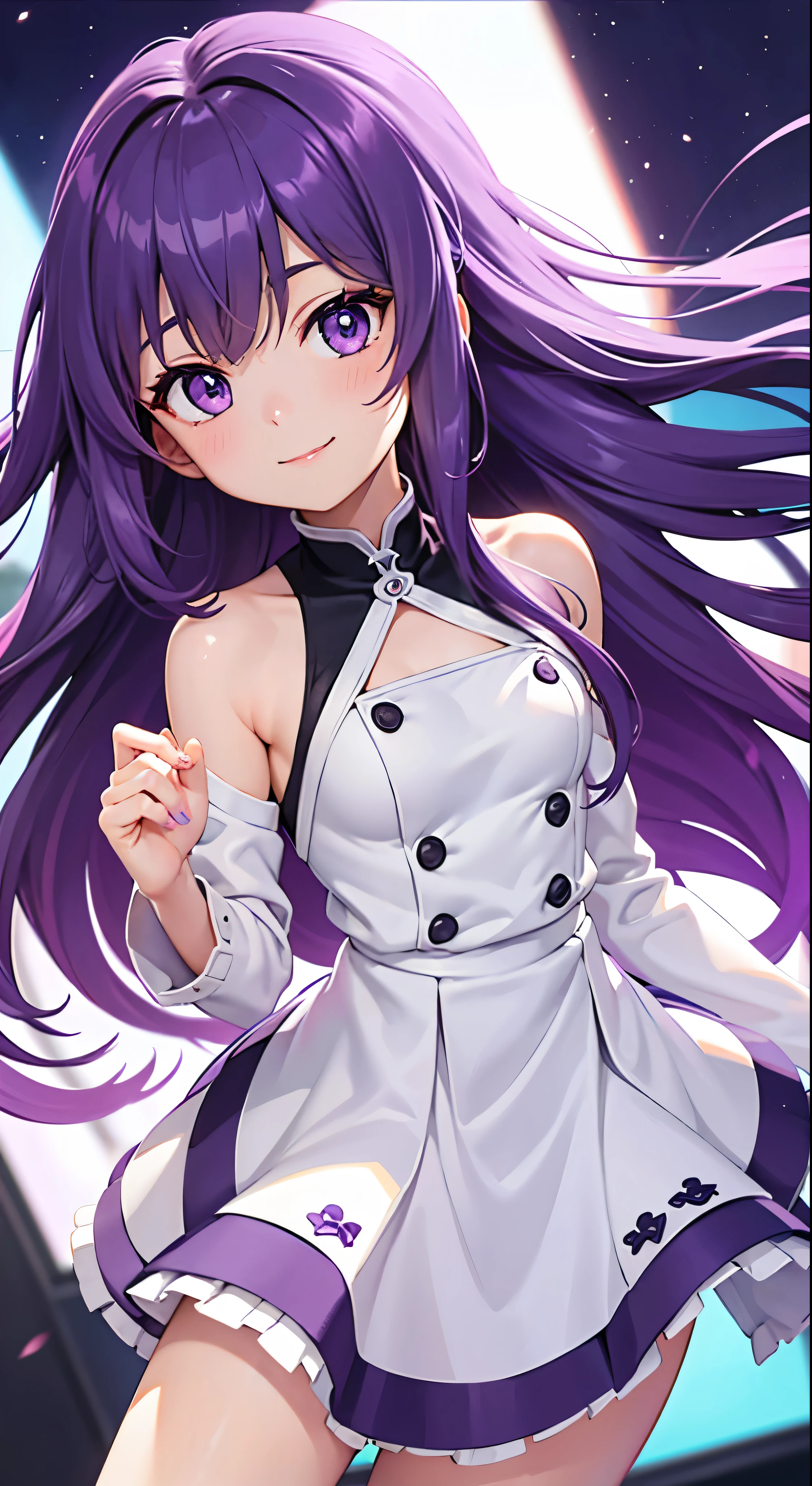 best quality, high quality, a cute girl, solo, beautiful purple hair, beautiful purple eyes, light smile,