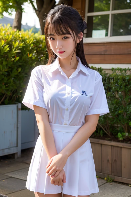 neat college girl, petite, (school uniform, summer clothes, short sleeves), outside the athletic field, (slim), photorealistic, detail, skin texture, ultra detail, delicate sexy collarbone, smile, super detailed face, detailed lips, detailed eyes, breast enhancement, waist thin