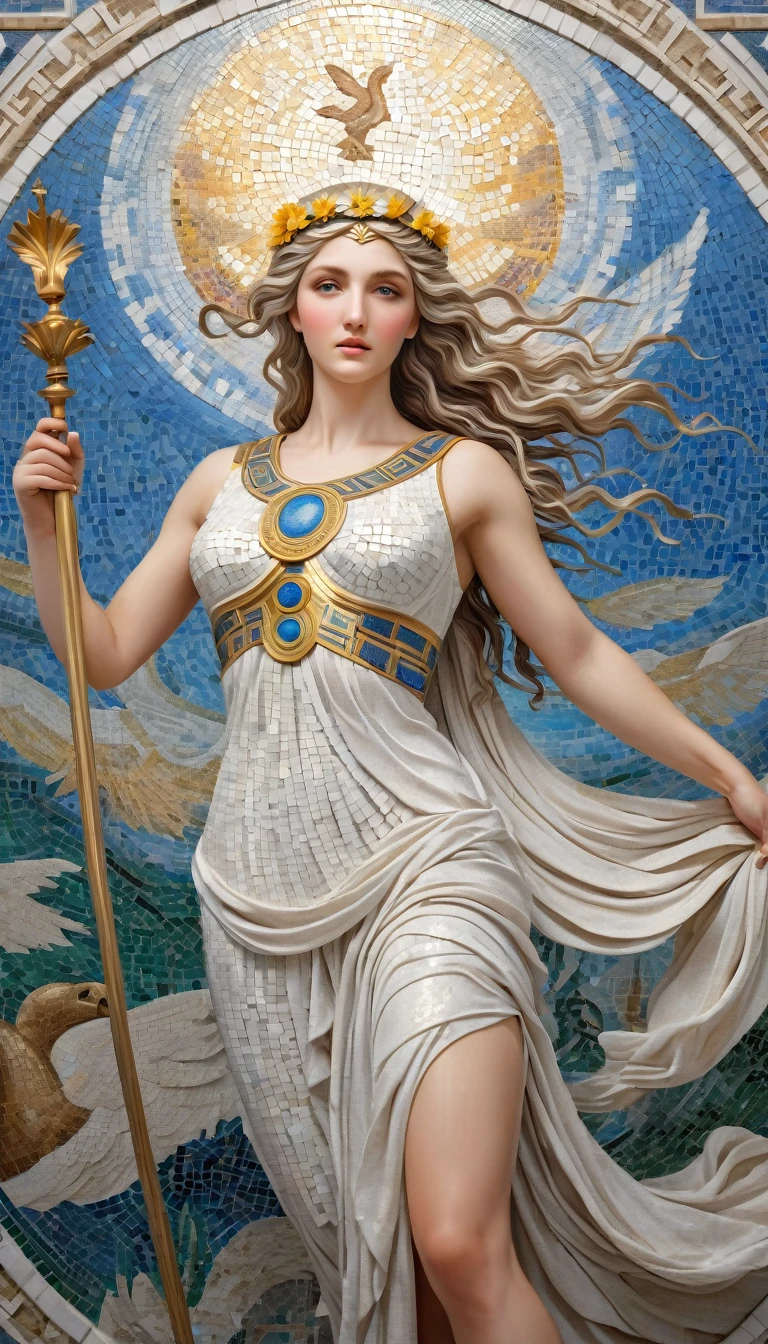 (8k, Highest quality, masterpiece)，(Realistic, RAW Photos, Super Fine Clear), Realistic Light, Detailed skin, Beautiful girl mosaic, Beautiful mosaics, ((25 year old girl, Goddess of victory, Nikke in Greek mythology:1.5)), Thin legs, fine grain, Long white hair, Detailed fingers, thin, Sexual, Vibrant, passion, Ecstasy Facial Expressions, (huge firm bouncing busts), , (Ancient Greek Dresses), (garden, Flower Storm), Lakeside palace, Parthenon temple, (art:1.5)