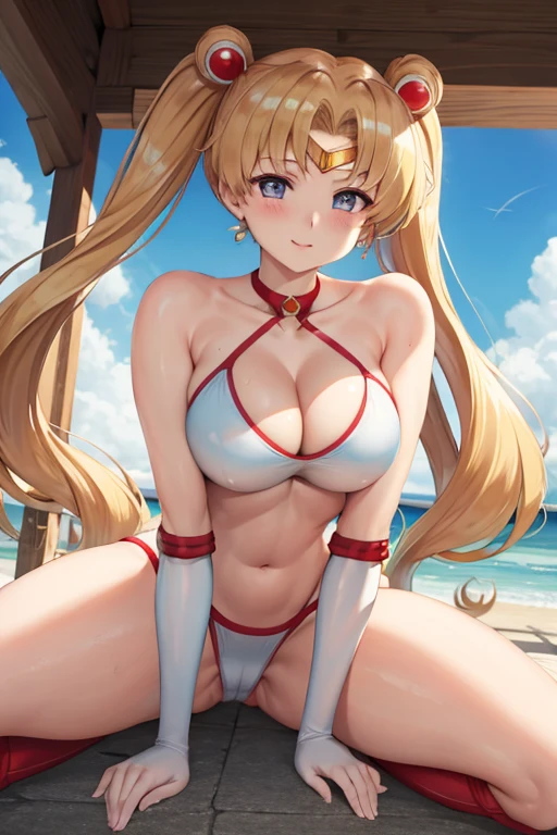 masterpiece, best quality, beautiful art, high resolution, well formed hands, body and fingers, 1 woman, solo, sailor moon , adult, grown up, twin tails, blonde, large and round breasted, cleavage, full body, , sexy sailor senshi uniform, , red boots, gorgeous hips, legs and thighs, blond, white elbow gloves, sailor collar, tiara, earrings, full body picture, grown up, adult, large and rounded breasted, cleavage, hair ornament, wearing a Tyris Flare outfit , white_bikini, full body, sexy and skimpy bikini, gorgeous hips, legs and thighs bouncing breasts,doing exercise, warming up, working out, sexy and captivating training, smiling joyfully and happily , looking at the viewer, , sweating , bouncing breasts, bikini thong, training montage session, beach environment