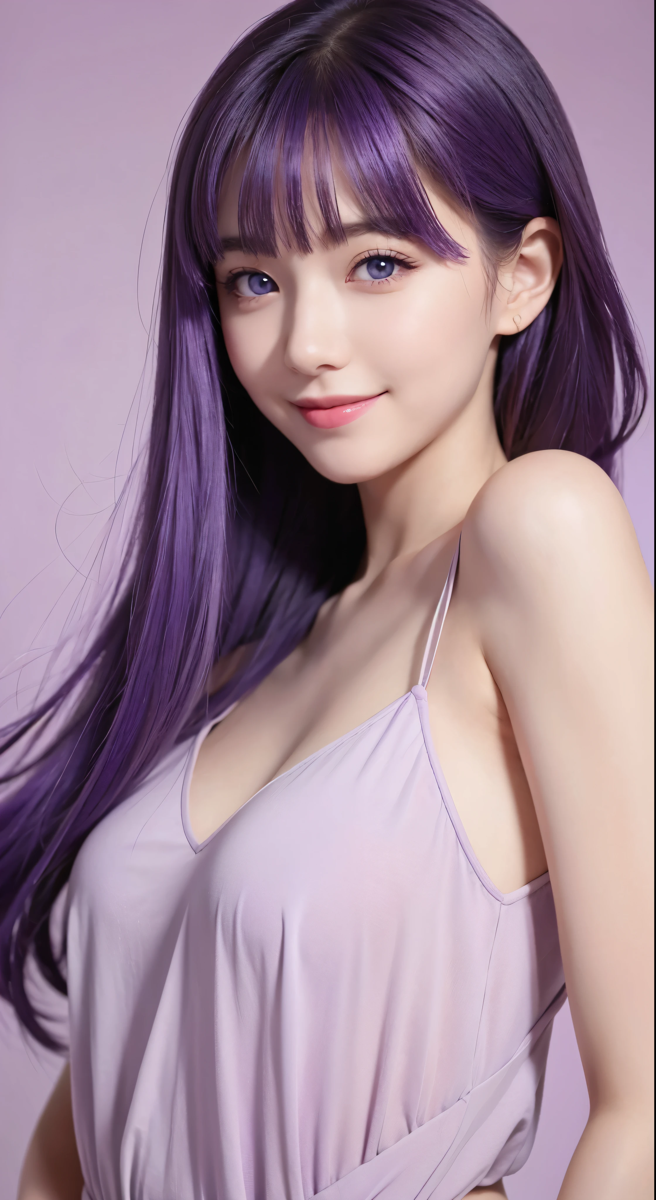 best quality, high quality, a cute girl, solo, beautiful purple hair, beautiful purple eyes, light smile,