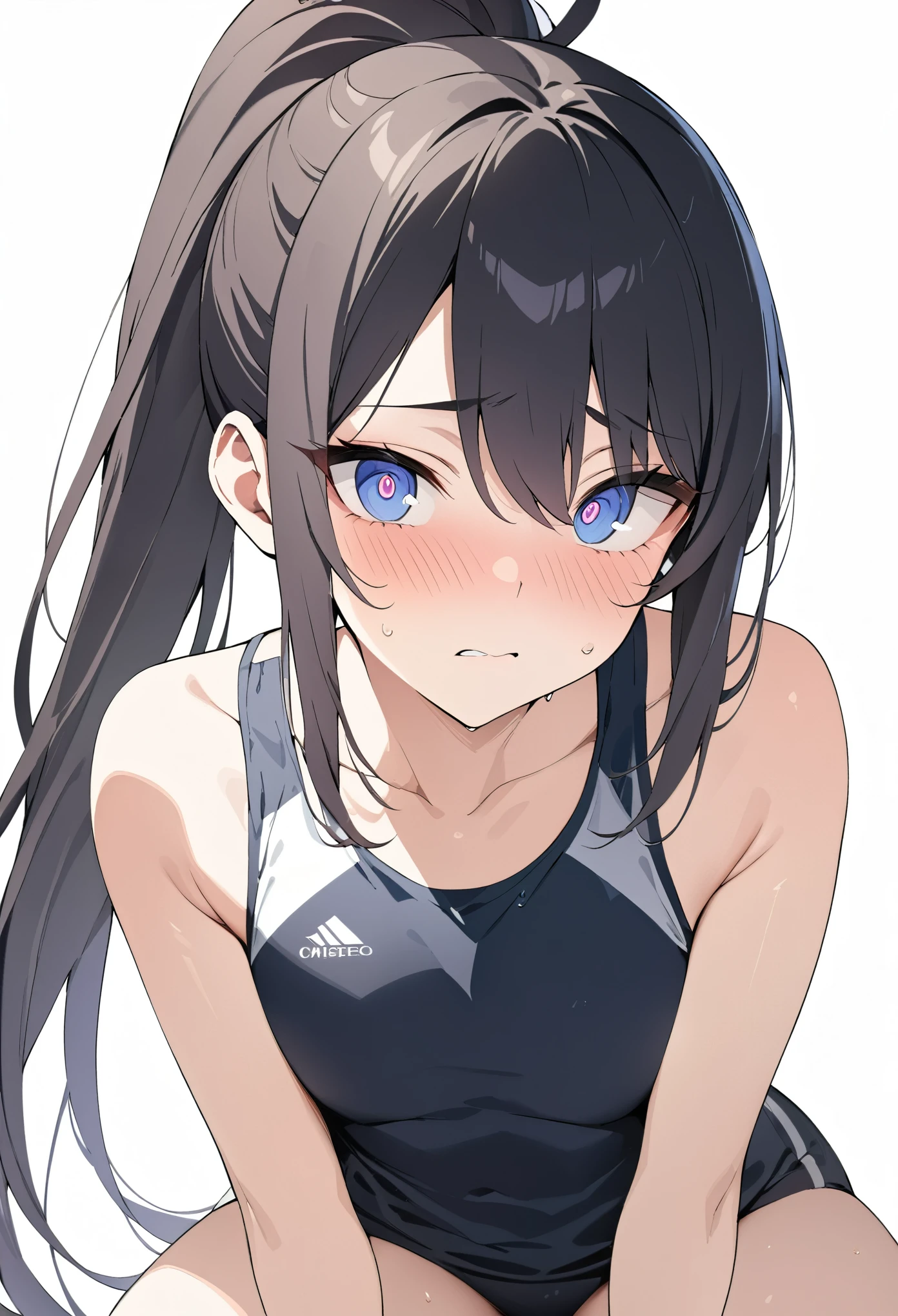 (((masterpiece, High resolution, perfect face))), beauty of China, , beautiful face, white background, no-sleeve sports wear, embarrassed look, look at me, ((top quality eyes)), ((detailed texture)), look at me, Married woman, cool women, ((high resolution eyes)), ponytail