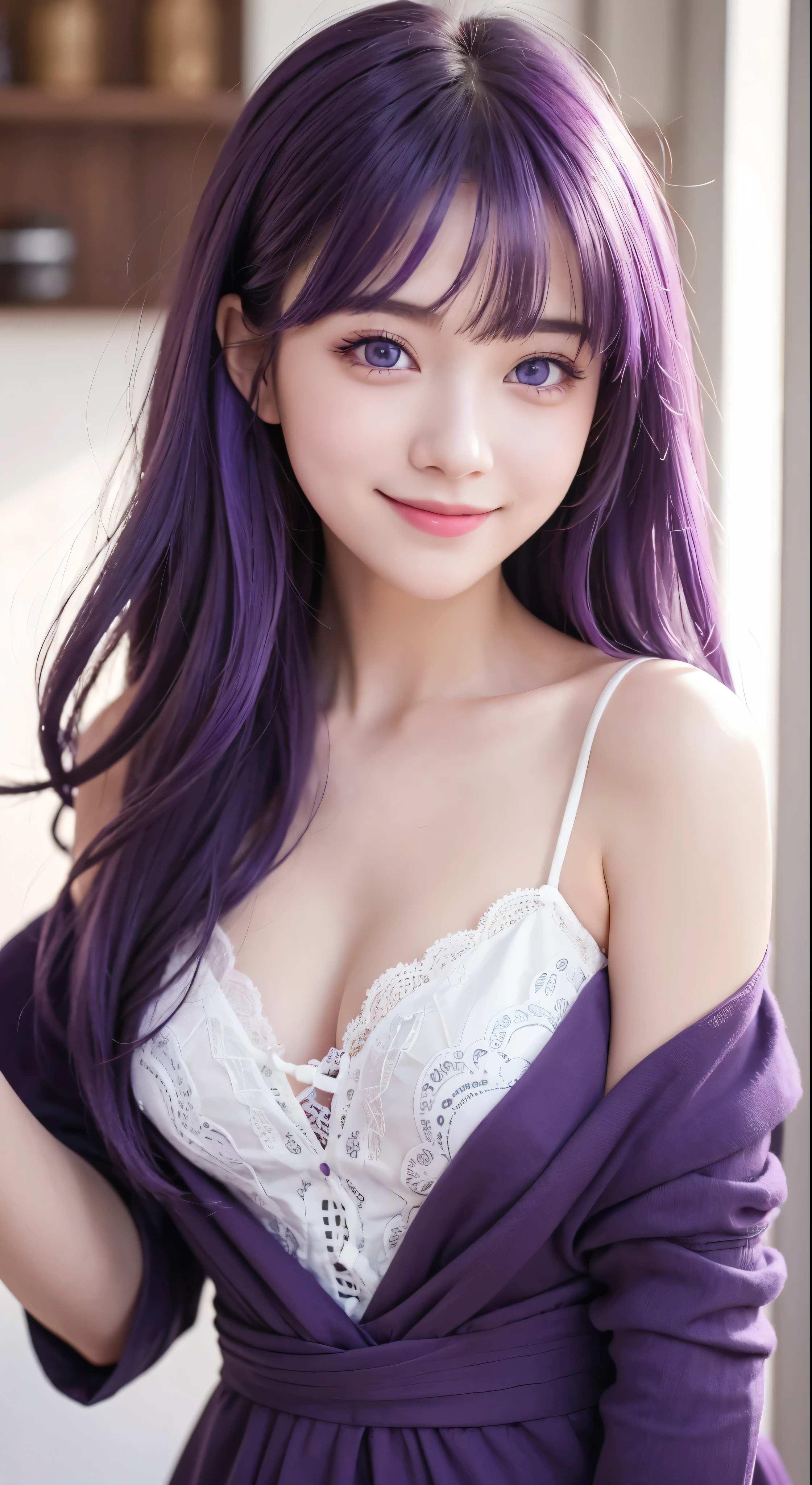 best quality, high quality, a cute girl, solo, beautiful purple hair, beautiful purple eyes, light smile,
