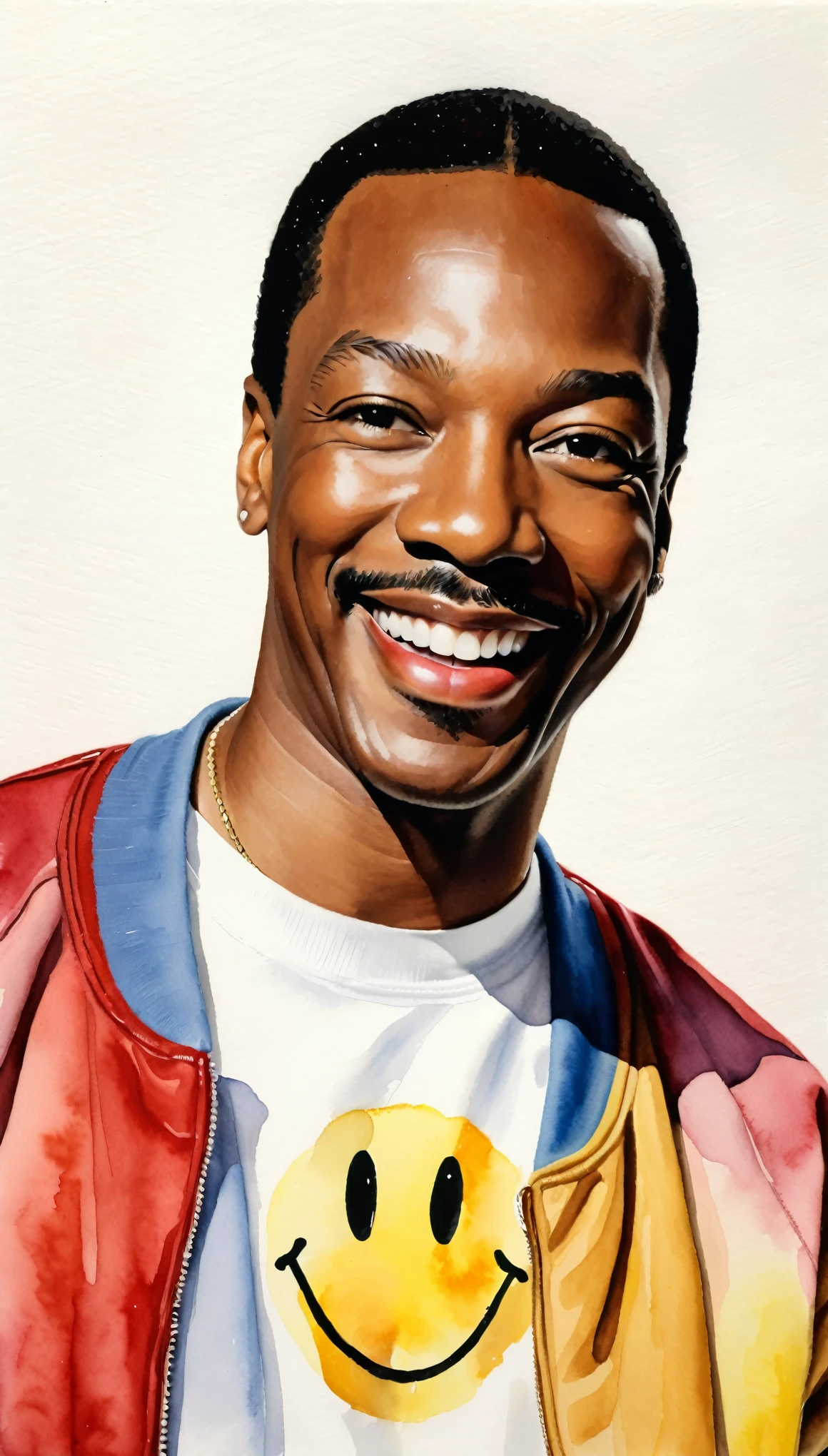masterpiece,Eddie Murphy Acrylic Watercolor Painting,Stadium jumper,Plain white T-shirt,((smile:1.6)),(Beautiful gradation created by layering),(Tarashikomi technique),A delicate touch