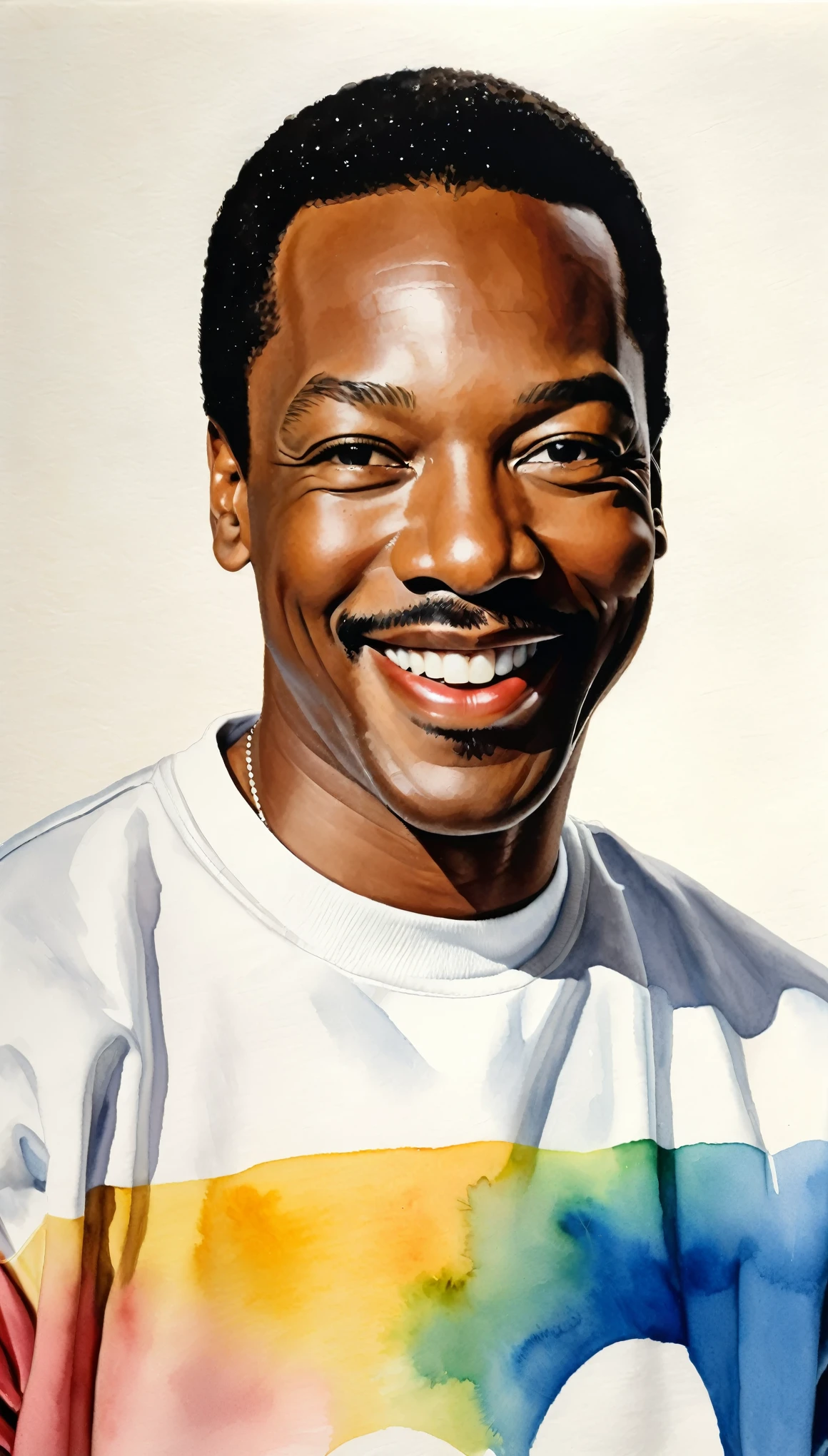 masterpiece,Eddie Murphy Acrylic Watercolor Painting,Stadium jumper,Plain white T-shirt,((smile:1.6)),(Beautiful gradation created by layering),(Tarashikomi technique),A delicate touch