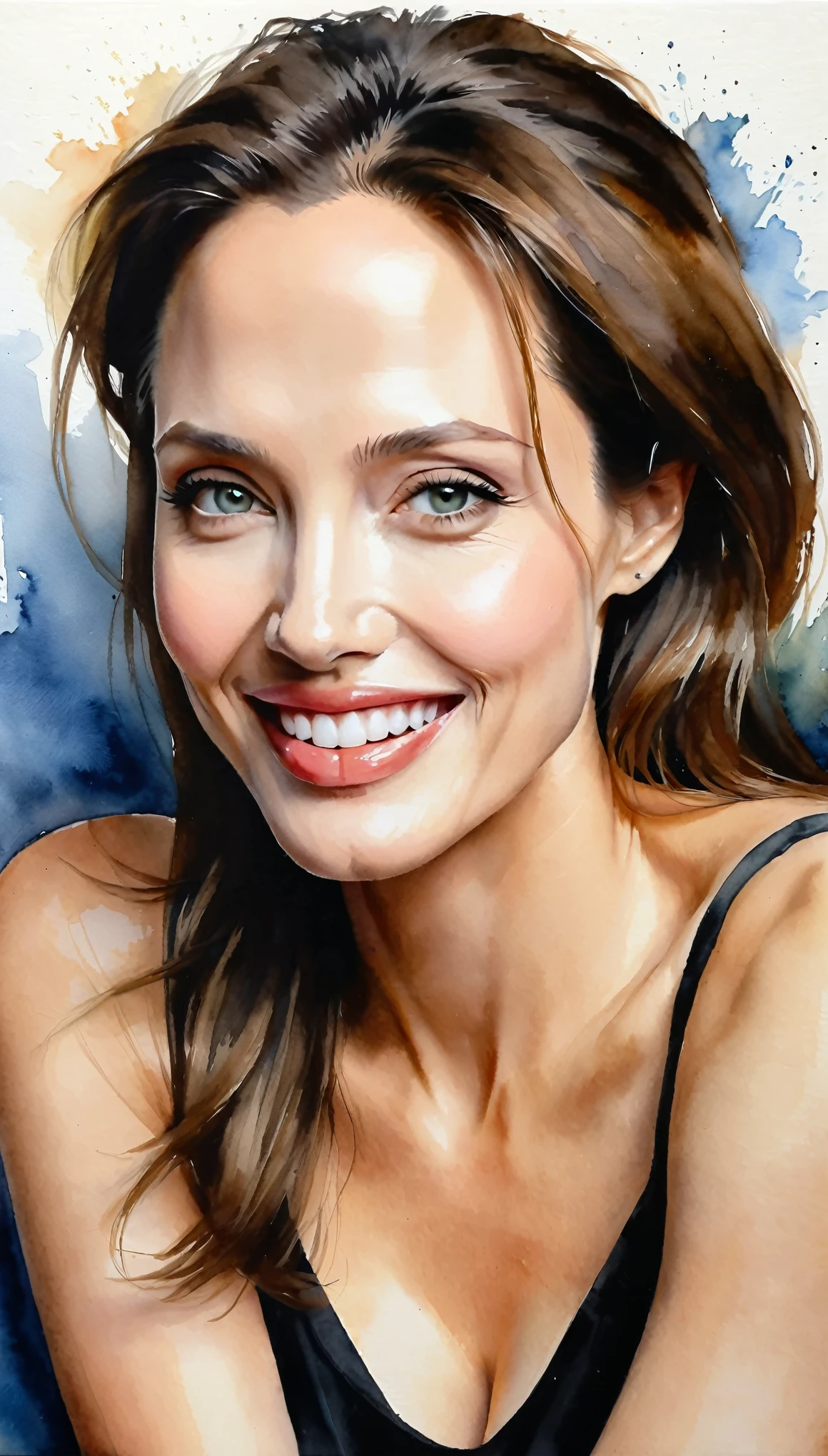 masterpiece,Angelina Jolie acrylic watercolor painting,((smile:1.6)),(Beautiful gradation created by layering),(Tarashikomi technique),A delicate touch