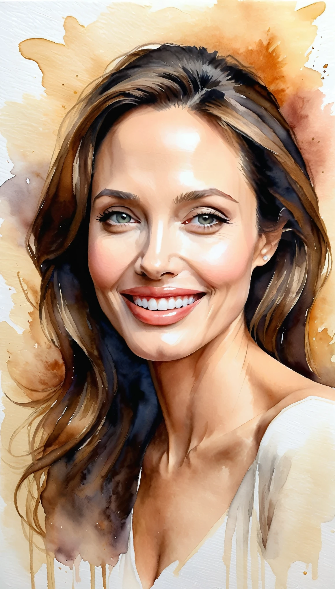 masterpiece,Angelina Jolie acrylic watercolor painting,((smile:1.6)),(Beautiful gradation created by layering),(Tarashikomi technique),A delicate touch