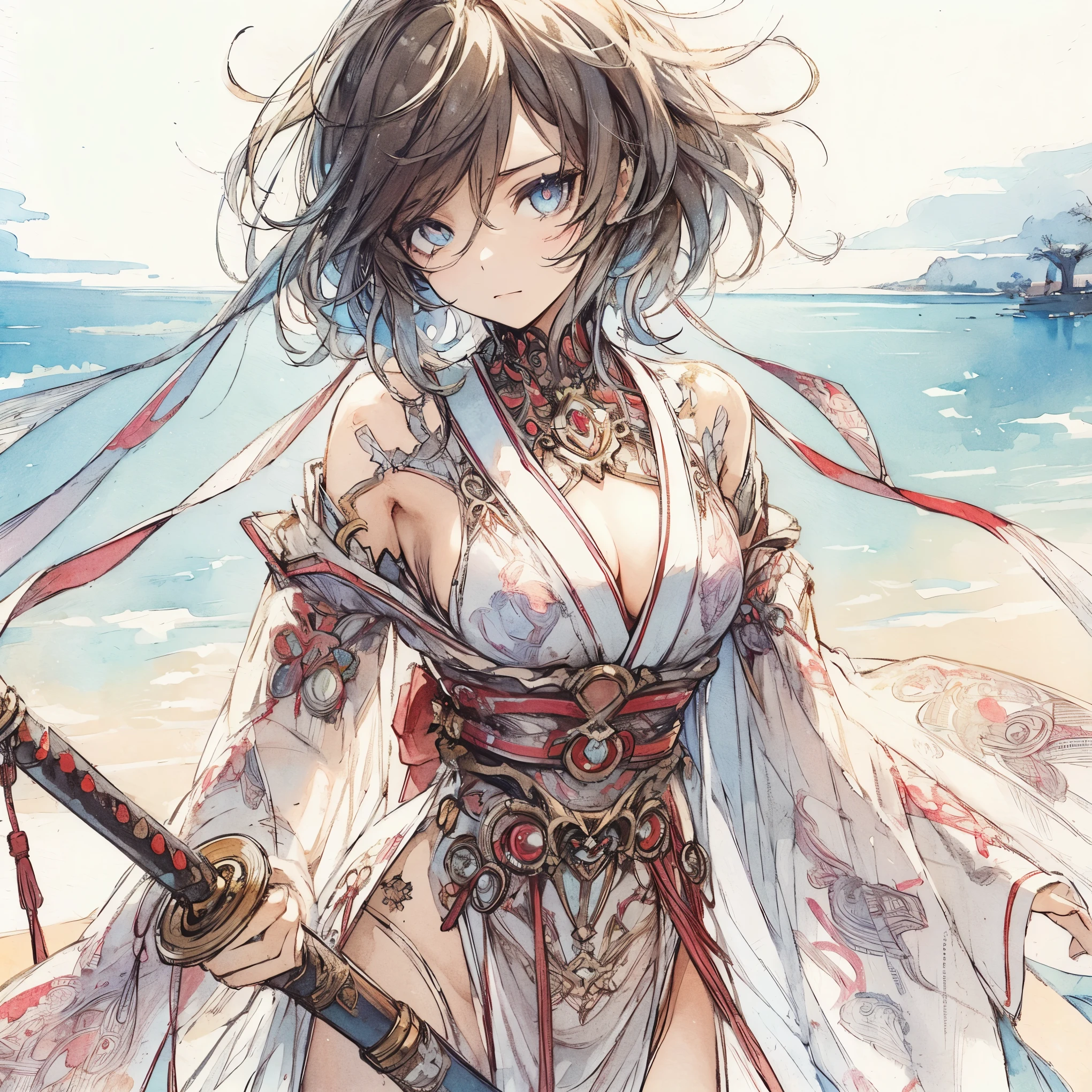 Official art using high-quality hand-drawn watercolor sketch techniques. (best quality,4k,8k,highres,masterpiece:1.2),ultra-detailed,beautiful detailed eyes,A girl with beautiful eyes, everyone, beautiful anime girl, cute anime girl, smooth anime art, anime style, elegant colors, soft lighting, delicate beautiful eyes, very coquettish, (beautiful large breast:1.2), (correct hands:1.2),