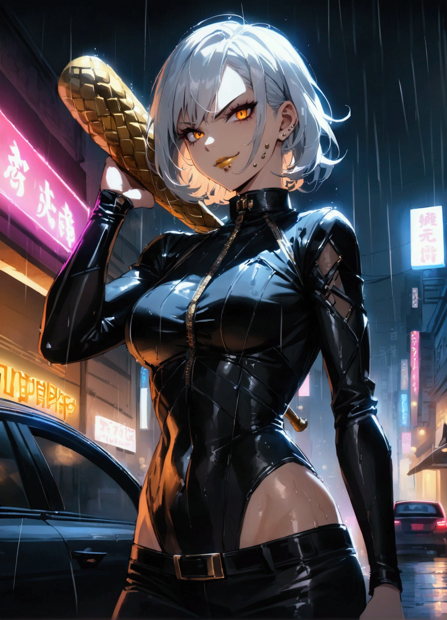 (anime women), dark outfit with red and blue details, white hair, (golden dragon eyes) standing in a rain soaked, city street at night, cinematic lighting (best quality:1.2)detailed, neon lights, vivid colors,bokeh, angry looking face with smirk on mouth, piercing, ABS, ((face piercing)), gaze, 4k, particles in the air, powers, amazing art work full of details, dynamic movement, (gold lips), stand on a roof of the car with baseball bat in her hands laying on her shoulder