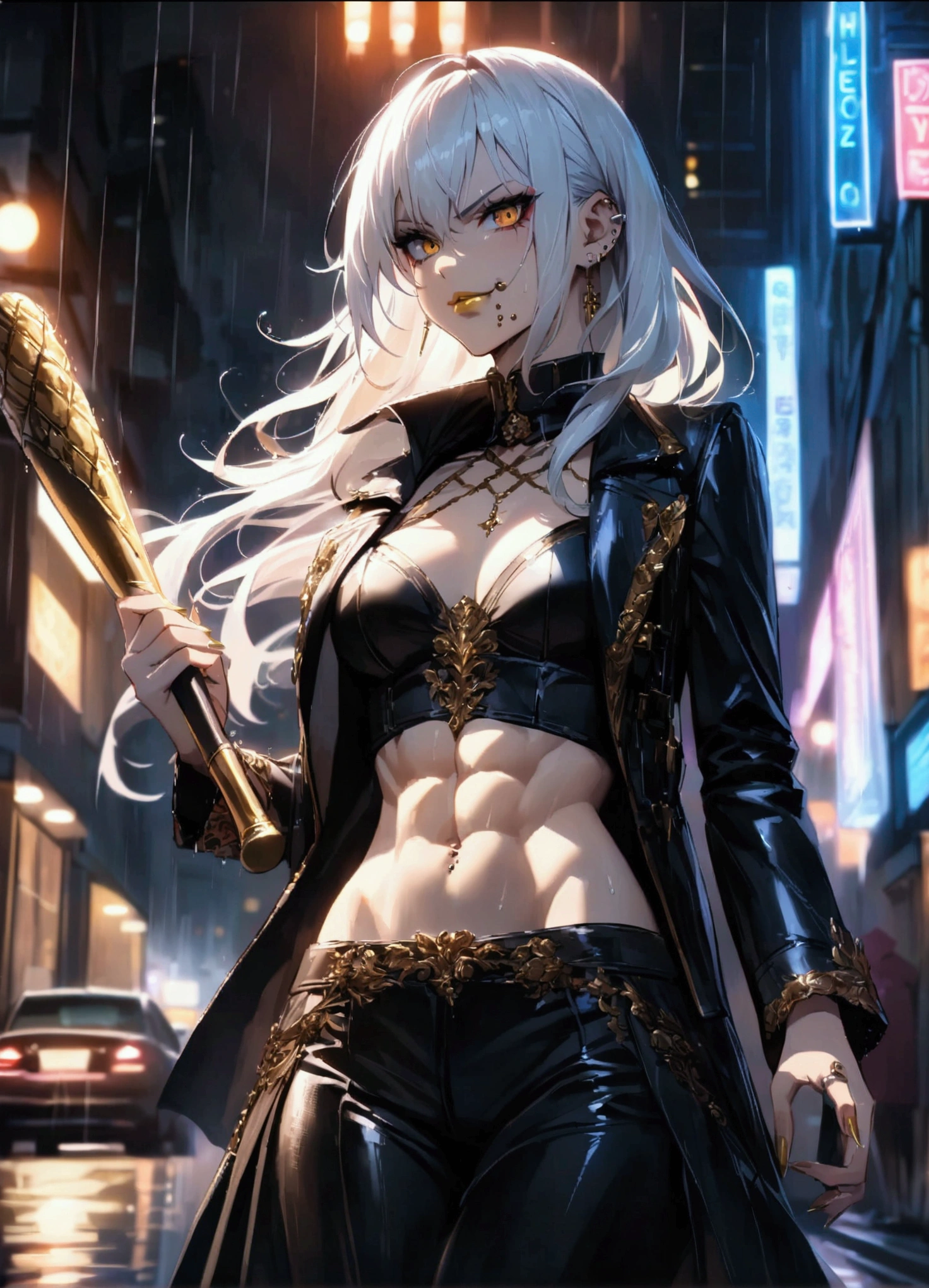 (anime women), dark outfit with red and blue details, white hair, (golden dragon eyes) standing in a rain soaked, city street at night, cinematic lighting (best quality:1.2)detailed, neon lights, vivid colors,bokeh, angry looking face with smirk on mouth, piercing, ABS, ((face piercing)), gaze, 4k, particles in the air, powers, amazing art work full of details, dynamic movement, (gold lips), stand on a roof of the car with baseball bat in her hands laying on her shoulder