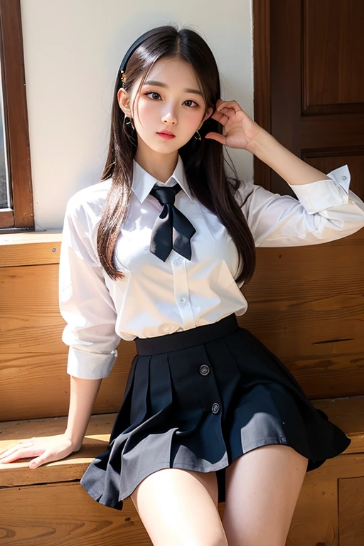 ((Highest quality)), ((masterpiece)), (detailed), One girl, White Shirt,Black Skirt,School uniforms,Button fully open