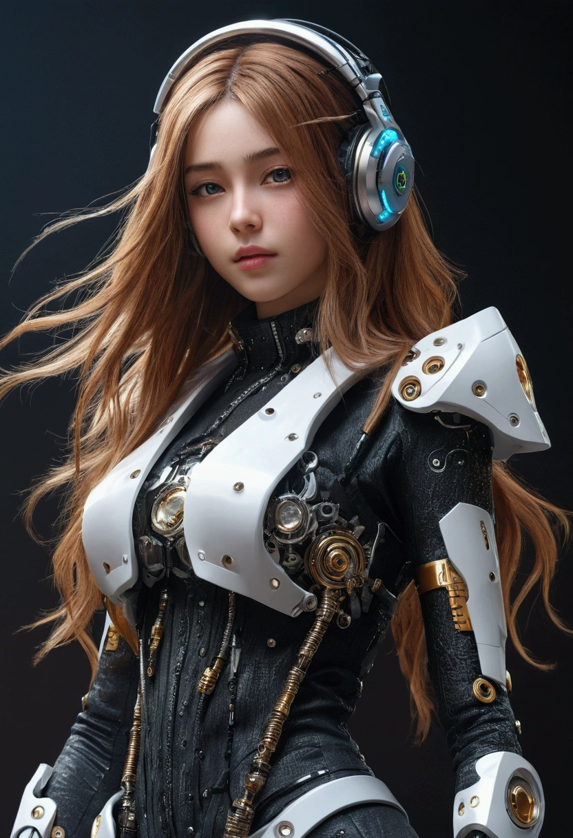 Best Quality, High resolution, Detailed 8k CG, masterpiece, Amazing art, The finer details, High level of detail, Intricate details, Long Hair, Feeling like a girl, Big teary eyes and stars, Pure Desire, Fascinating, Young and beautiful, eternal，jump ,,Light und Schatten, Light，People who wear beautiful clothes，cyber punk, Mecha Girl, Mechanical body