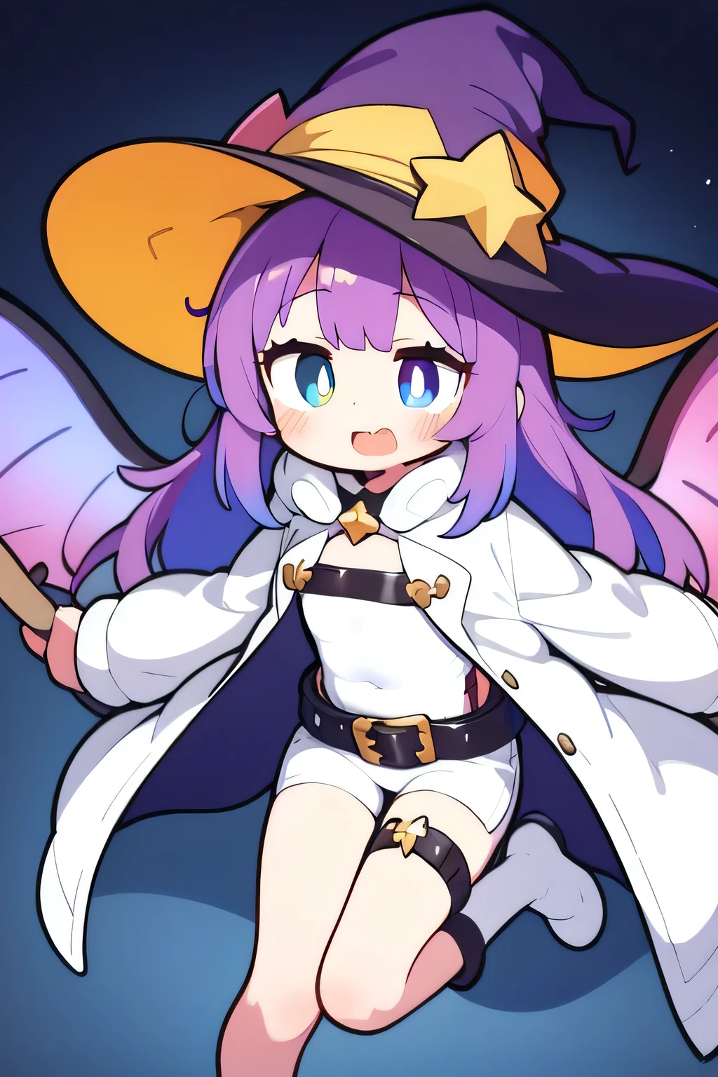 1girl,(:1.4),mage robe,(naked robe) , mage hat, elf,twin tail, purple hair,smirk, holing magic staff ,magic circle